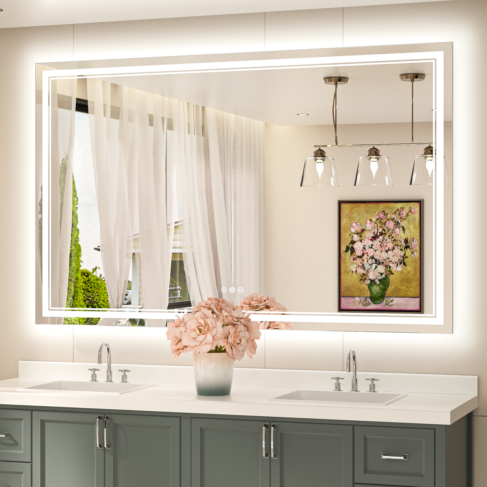Keonjinn LW-JZ-ZBGSSW-152101 Bathroom Mirrors 60-in x 40-in Polished Frameless Rectangle Dimmable LED Lighted Fog Free Bathroom Vanity Mirror ( Silver )