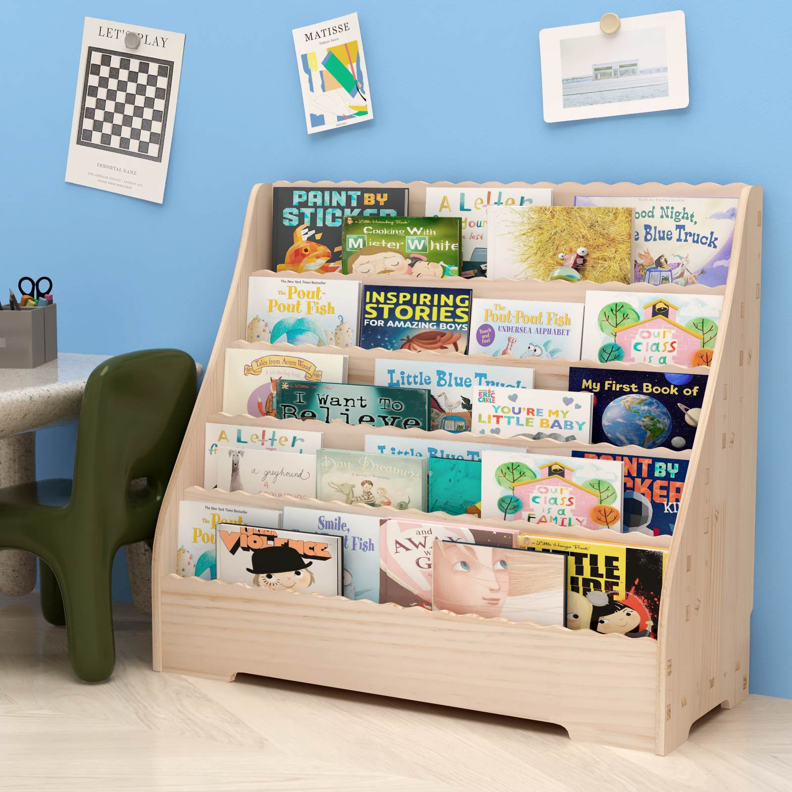 Qeetex GGL-PEP-333T3JE4 5-Tier Kids Bookshelf with Storage Toddler Book Display Shelves Wooden Children s Book Rack Multi-Functional Story Book Organizer Painting Book Shelf for Kids Rooms Playroom  Nursery Classroom