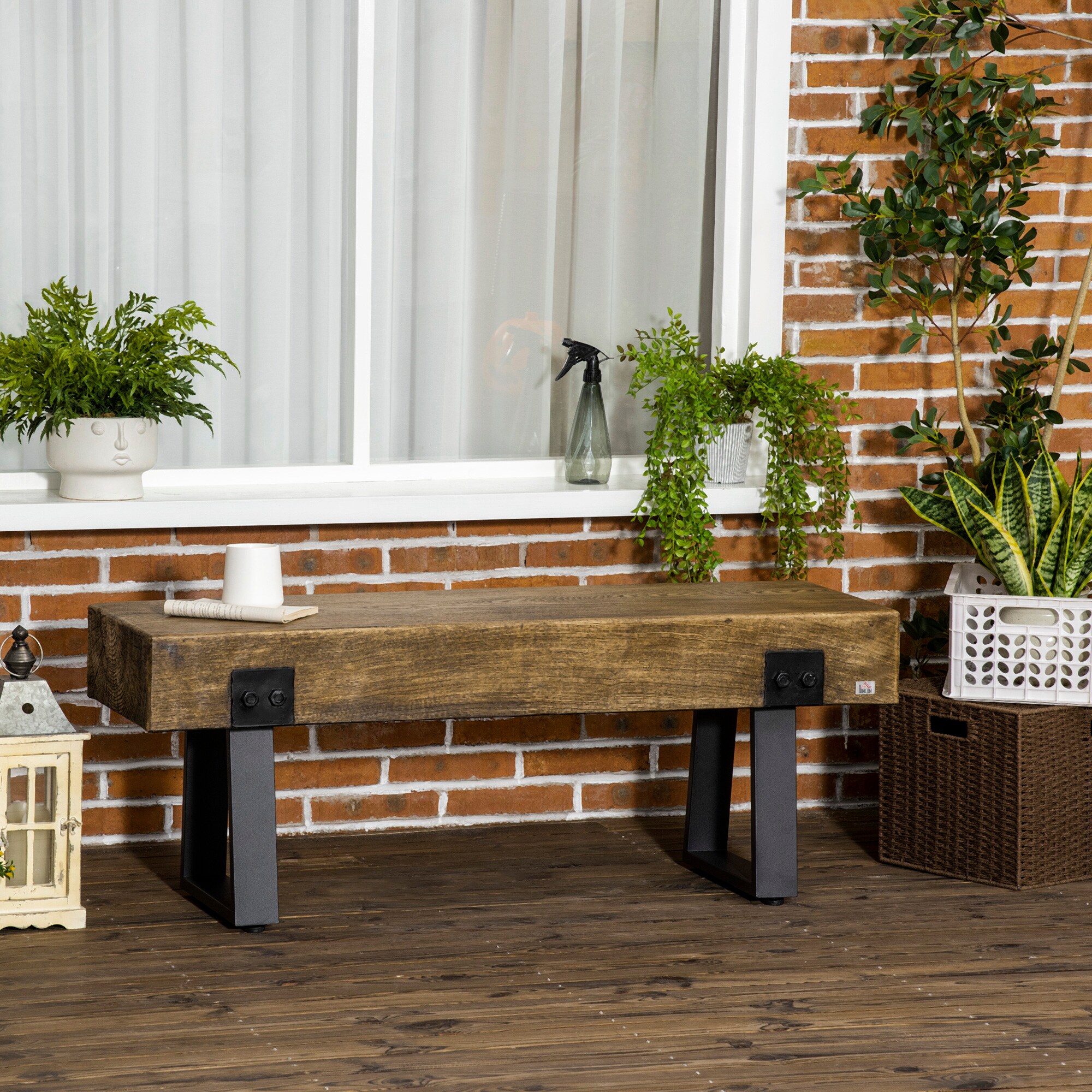 Bestcore 48-in Rustic Wood-Look Concrete Garden Bench with Metal Legs ...
