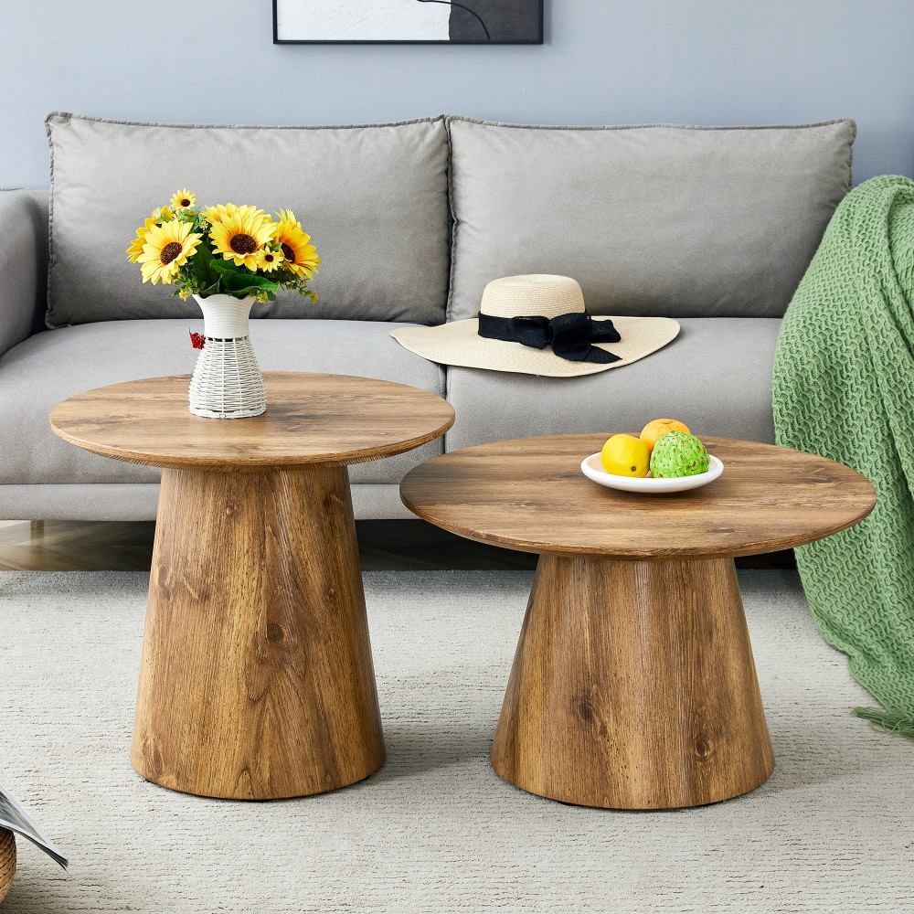 Coolbibila BAKER-TABLE-WOOD Round Nesting Coffee Table Set Wood Grain Veneer MDF Modern Living Room Center Table with Side Table
