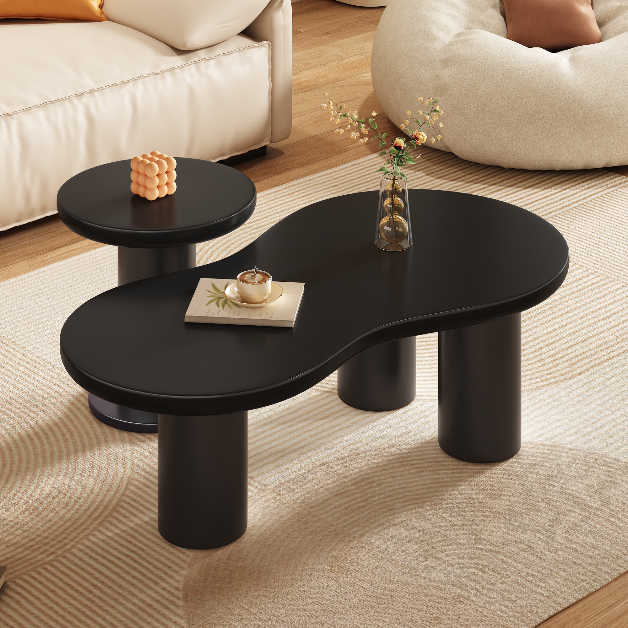 ModernLuxe N721S000035B Easy Assembly Nesting Coffee Table Set of 2 Cream Style Cloud Coffee Table with Round Small Side Table  Irregular Center Table with Thick Legs for Living Room Black