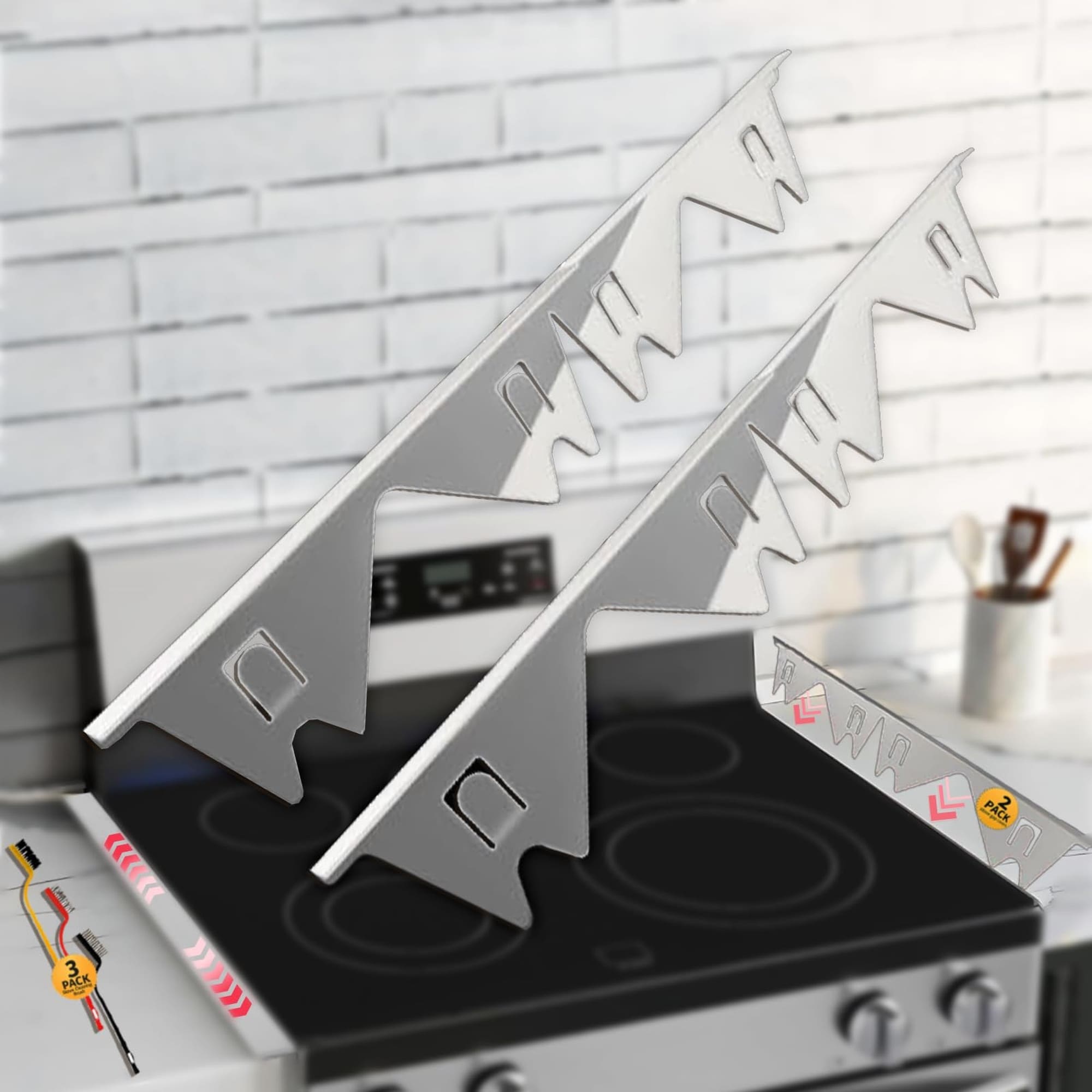 Angel Sar L2FHA706STGPCV20 2 Pack Stainless Steel Stove Gap Cover Adjustable Length 13.8 to 27.5 Inch Width 0.79 Inch Heat Resistant Rustproof Easy Clean with 3 Cleaning Brushes