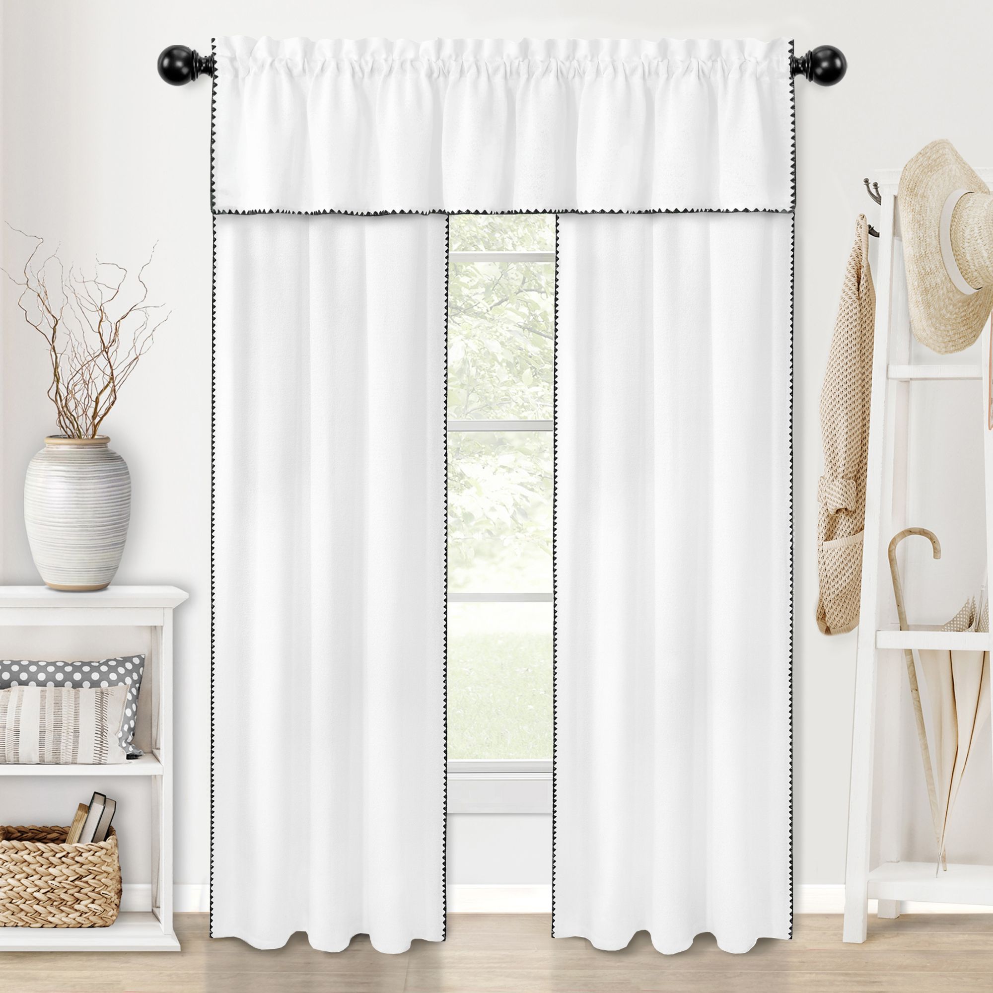 KATE AURORA - Complete Coastal Hamptons Living Rod Pocket Textured Semi Sheer 3 Piece Window Curt...