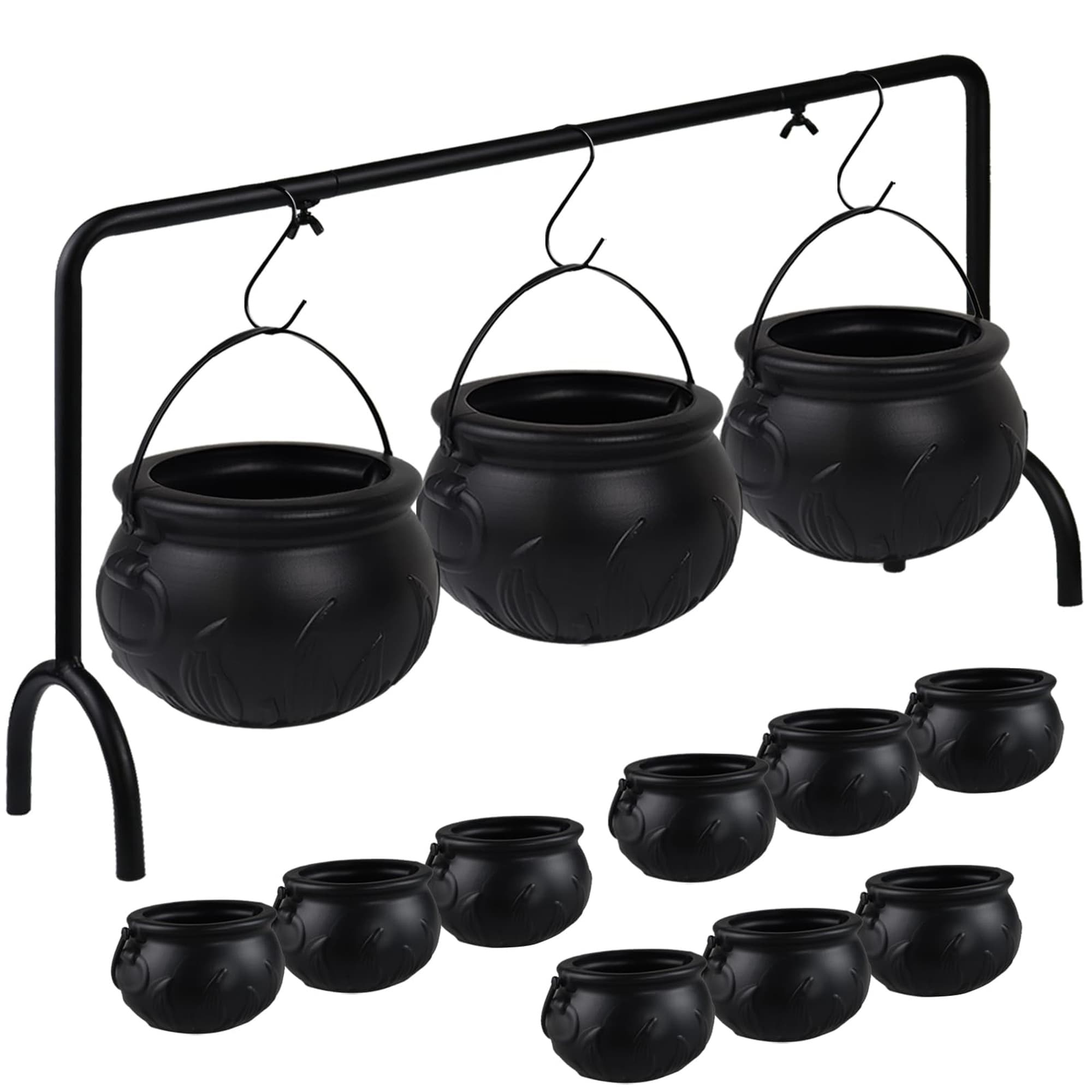 Wudkey 12 Pack Black Plastic Witch Cauldron Candy Bowls with Metal Rack Hanging Halloween Party Decor