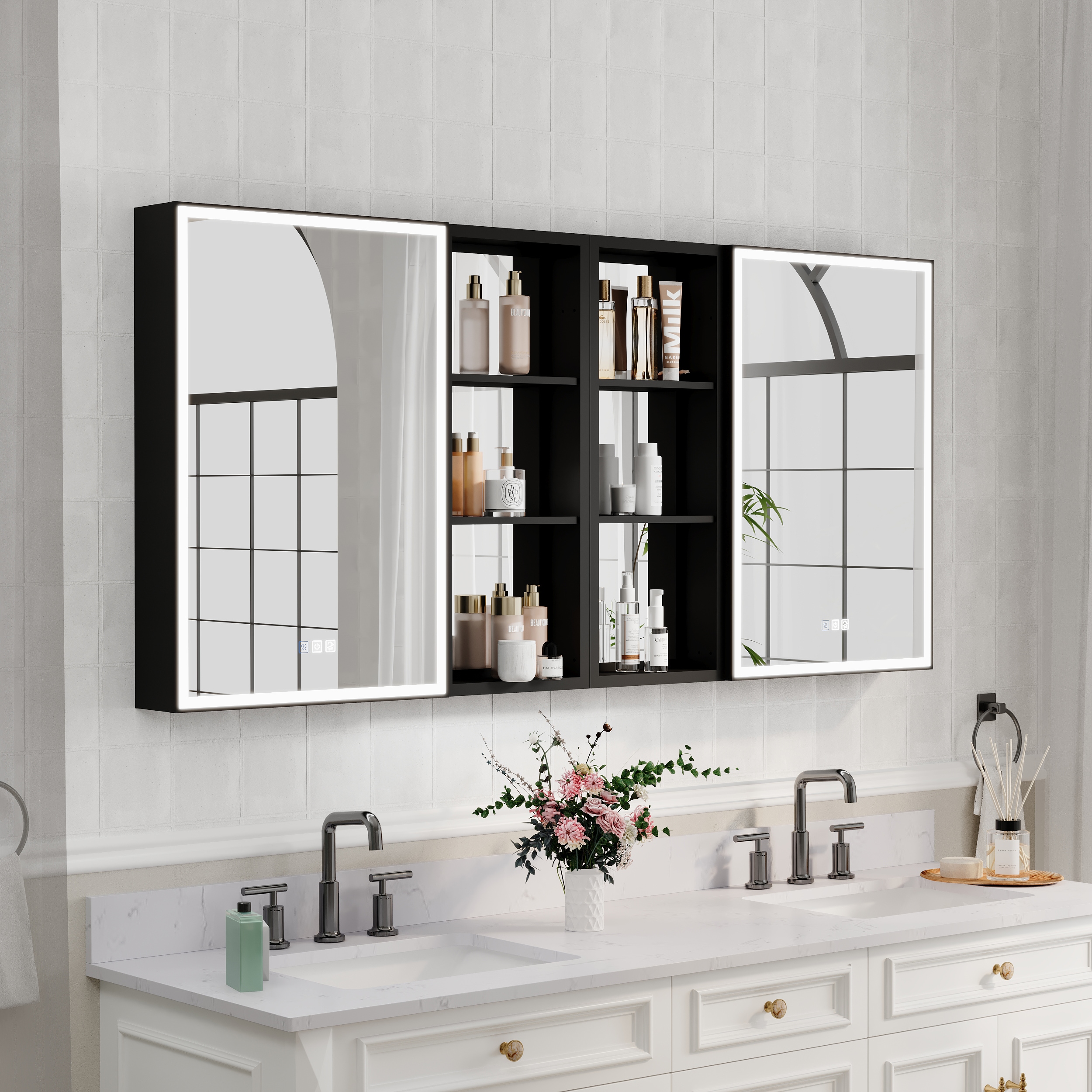Forclover HE-JG9560 64-in x 30-in Lighted LED Fog Free Surface/Recessed Mount Black Mirrored Rectangle Soft Close Medicine Cabinet