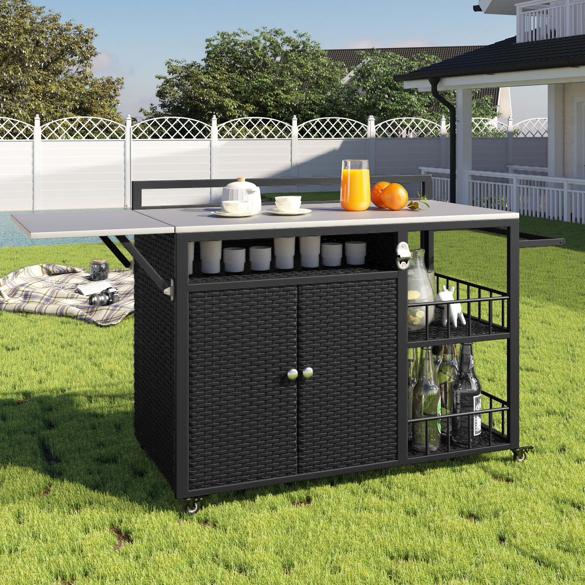GDFStudio 341638 63.5 Inch Outdoor Kitchen Island  Kitchen Storage Island  Cooking Station  Outdoor Grill Cart with Foldable Side Tabletop  Ample Storage Space  Bottle Opener for Outside BBQ  Patio  Backyard  Dark Brown