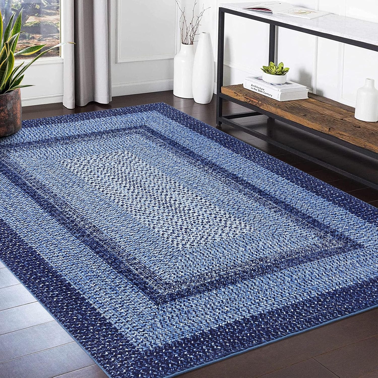 Idealhouse 8x10 Braided Print Area Rug Washable Rug Non Slip Farmhouse Rustic Floor Carpet Boho Dining Room Carpet Modern Geometric Throw Floor Cover Bohemian Border Rug for Living Room Bedroom Navy #YF-PHO-1168MX8F