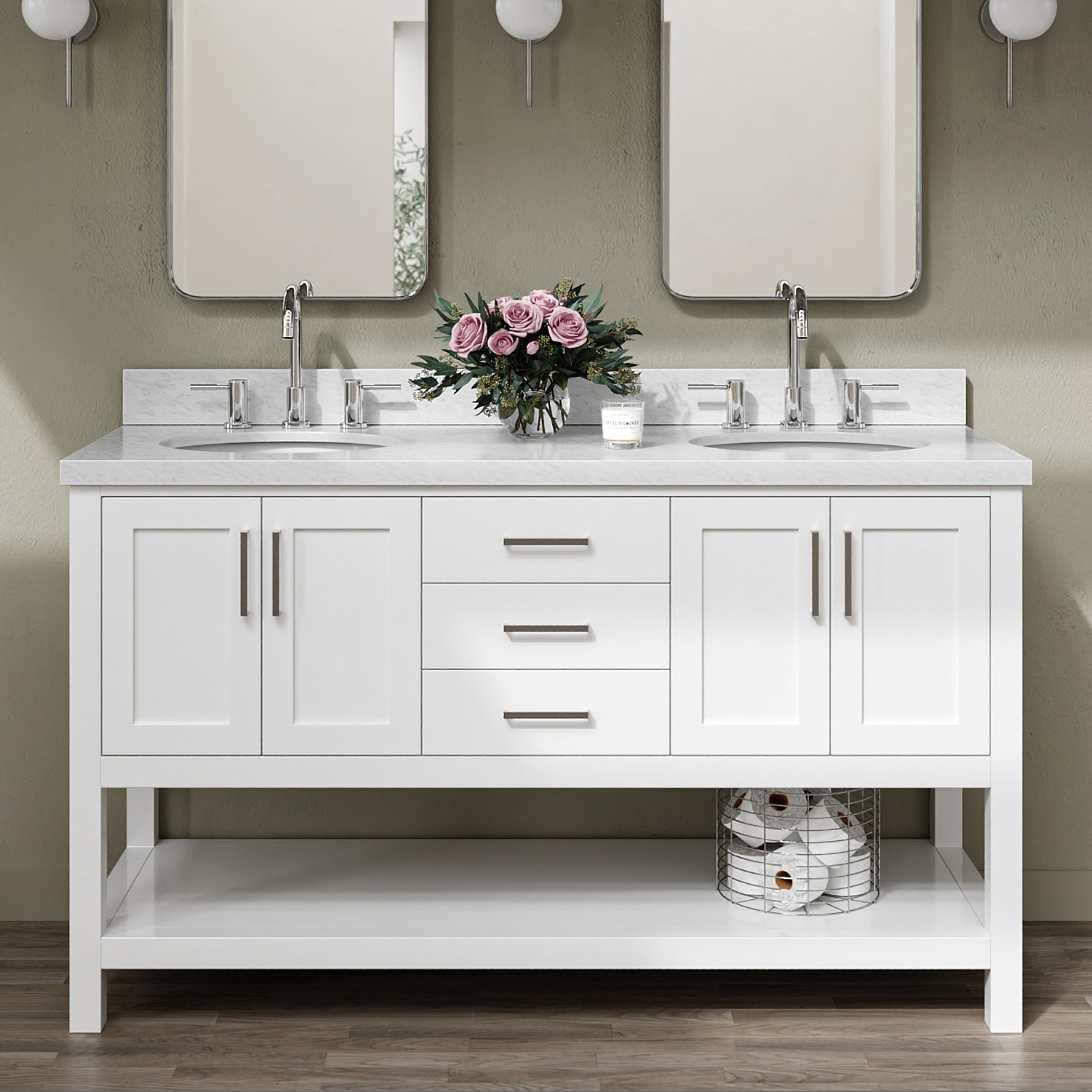 ARIEL - Magnolia 60-in White Undermount Double Sink Bathroom Vanity with Carrara White Marble Mar...