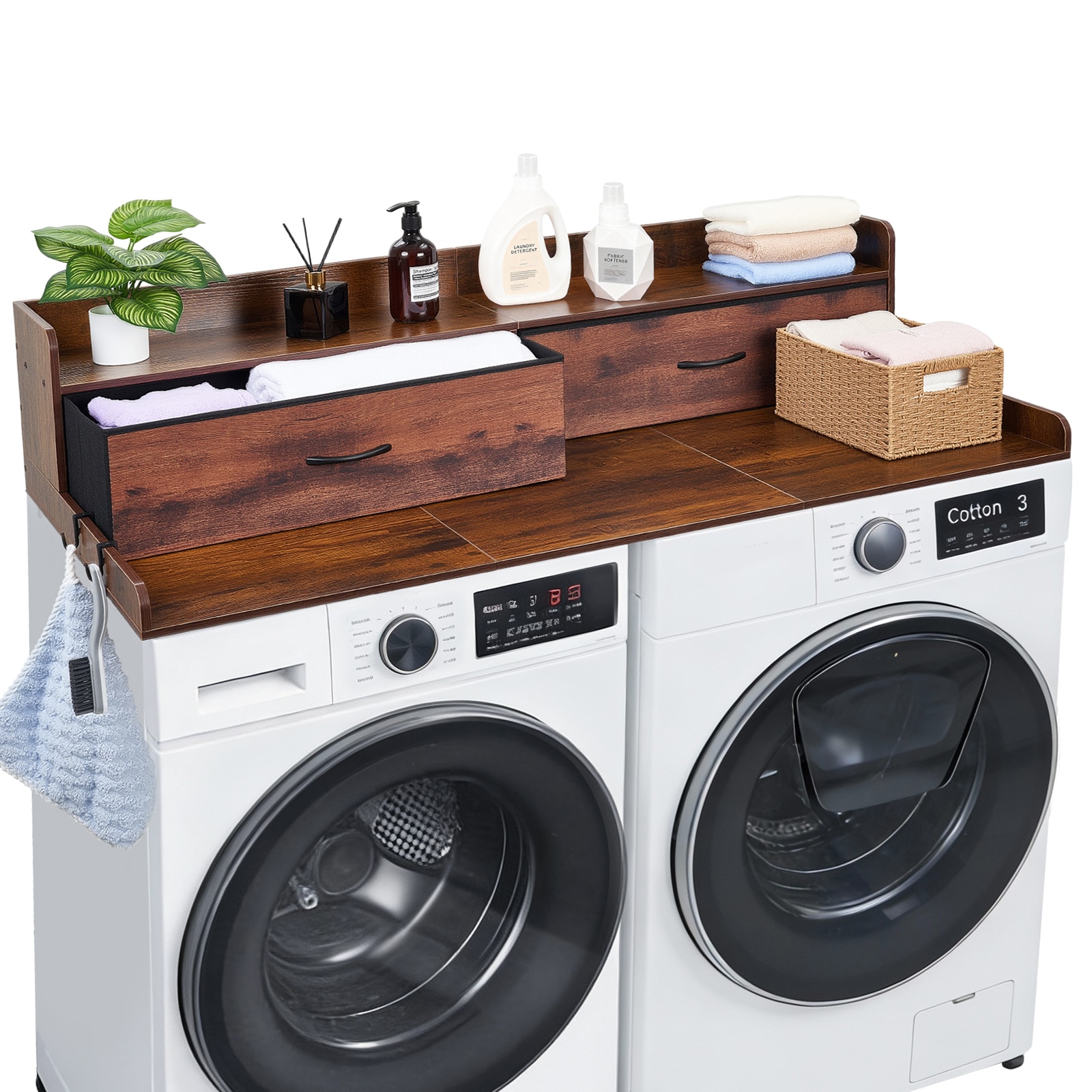 VEVOR Washer Dryer Countertop with Shelf 54 x 27.5 in Wooden Washer and Dryer Topper with 2 Drawers and 2 Hooks Laundry Machine Topper for Laundry Closet Pantry Counter Organization and Storage Brown