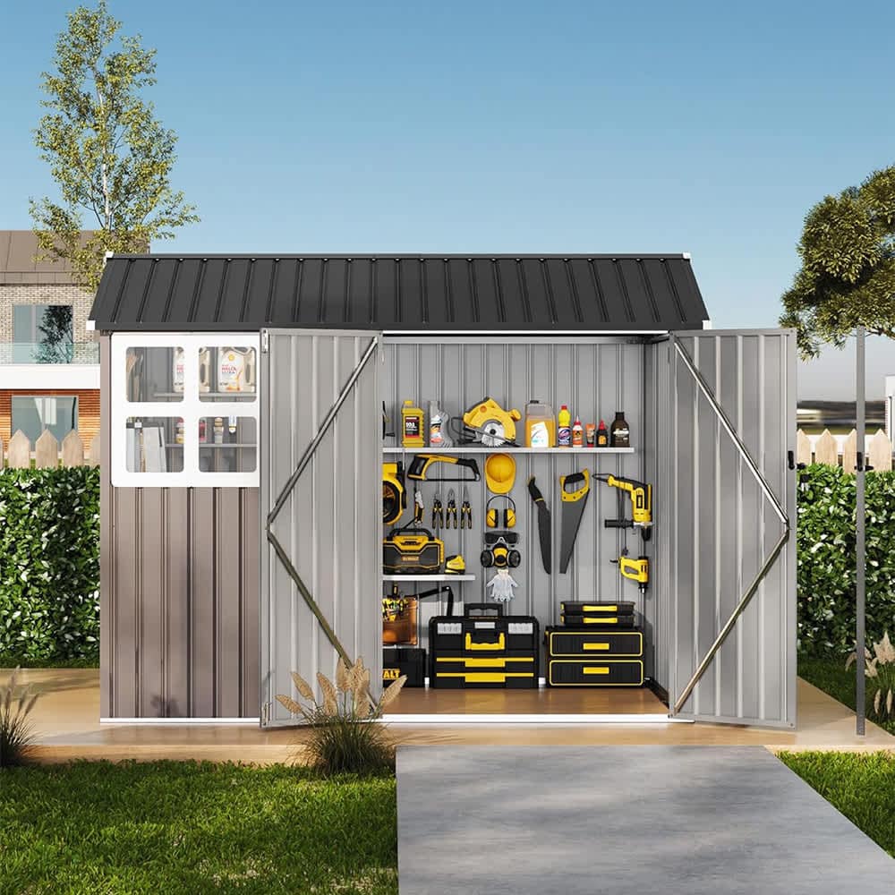 Qeetex SUN-PPG-3383BAC9 8 x 6 ft Outdoor Metal Storage Shed with Windows and Lockable Doors Heavy-Duty Garden Tool Shed Brown