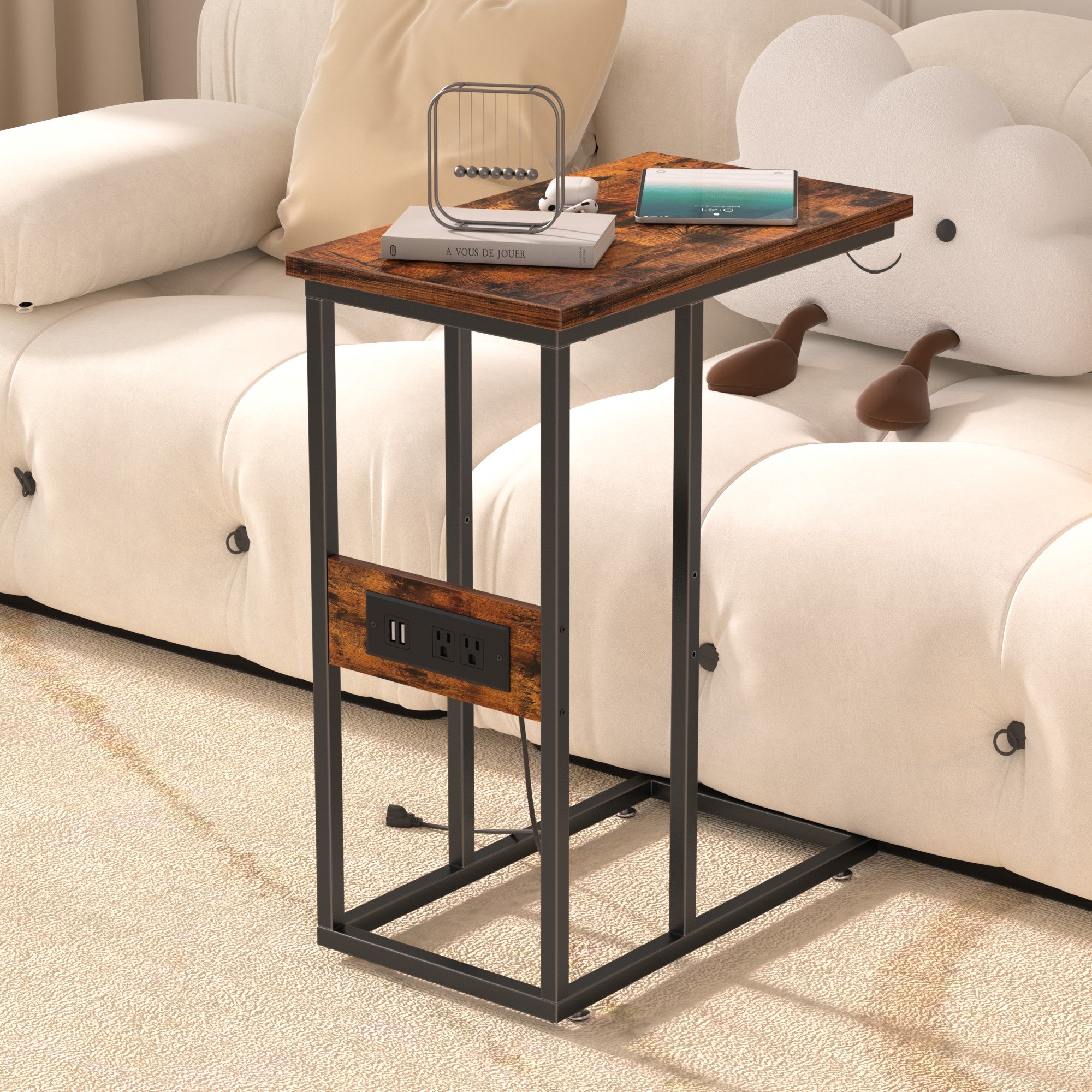 Vecelo LOE-DC-ST01-BRN-UP C Shaped End Side Table with Charging Station and 2 USB Ports and Outlets for Living Room Bedroom with Adjustable Feet for Couch Sofa