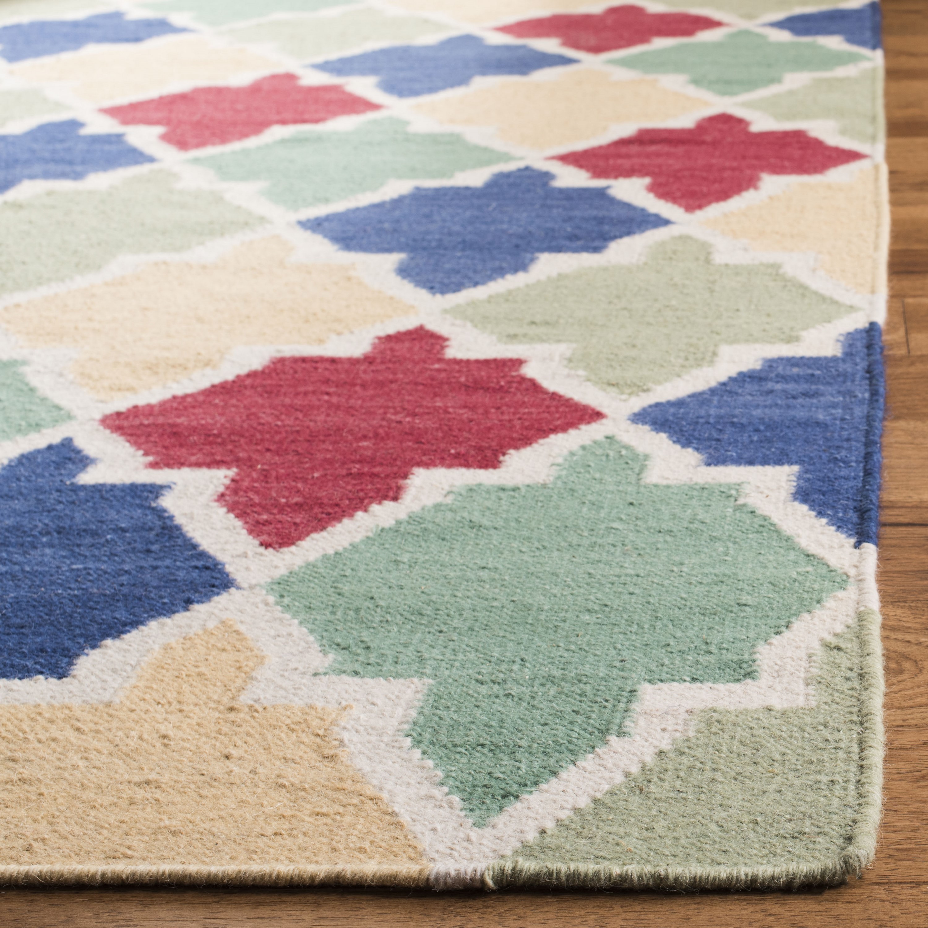 Blue and Multi Geometric Wool Flat Woven Area Rug, 3' x 5'