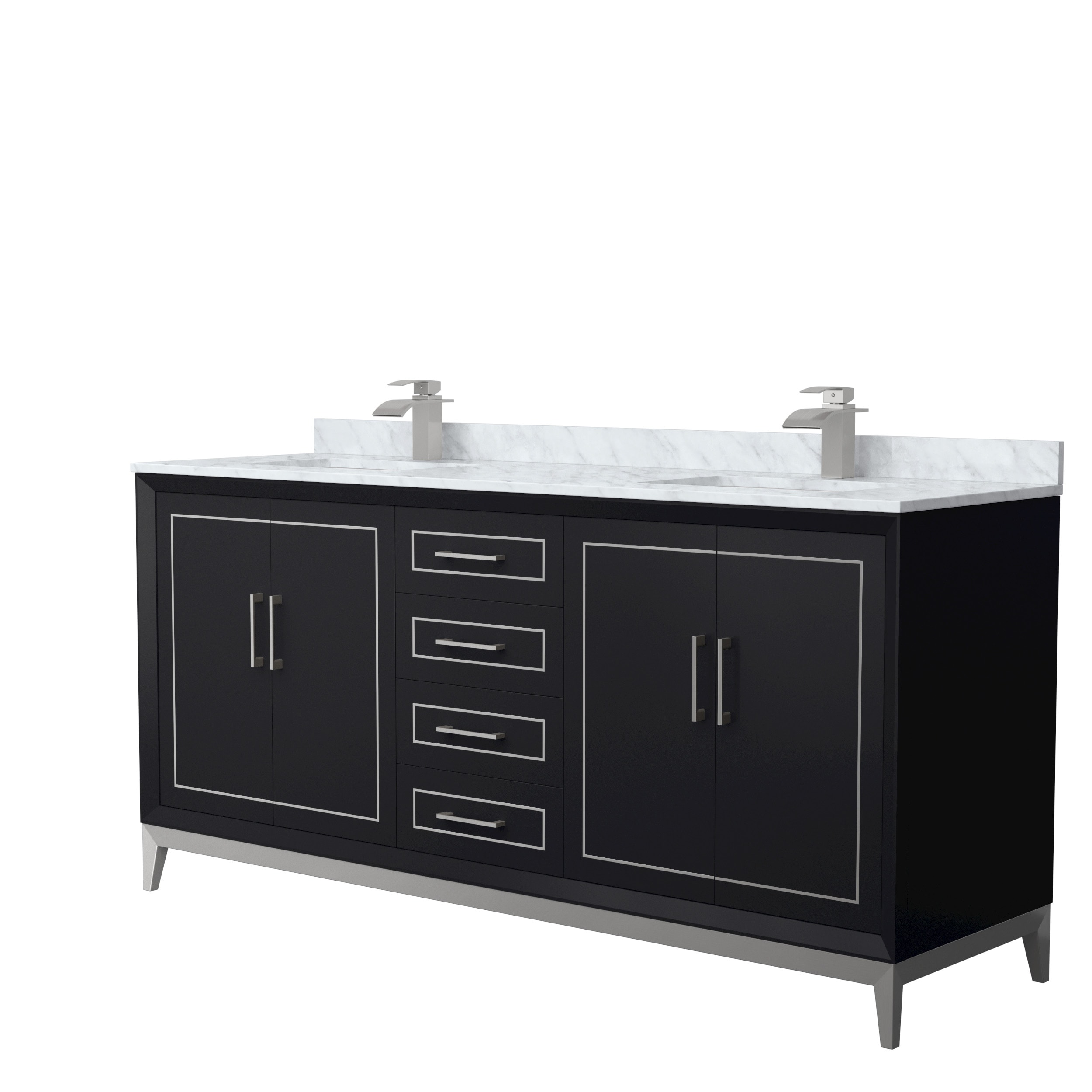 Wyndham Collection WCH515172DBKCMUNSMXX Marlena 72-in Black with Brushed Nickel Trim Undermount Double sink Bathroom Vanity with White Carrara marble Natural marble Top