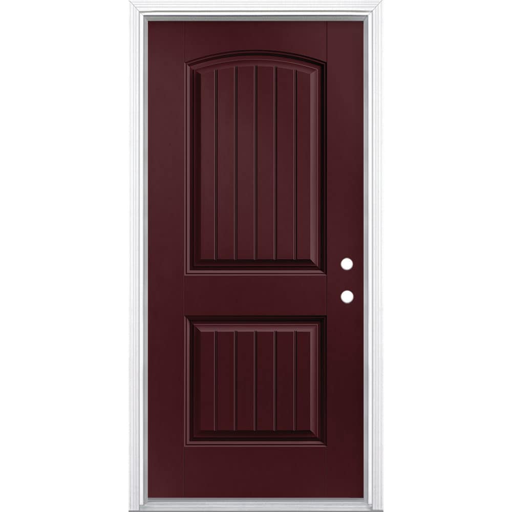 Masonite 1218285 36-in x 80-in x 4-9/16-in Fiberglass No glass Left-hand inswing Currant Painted Prehung Front Door with Brickmould Insulating core