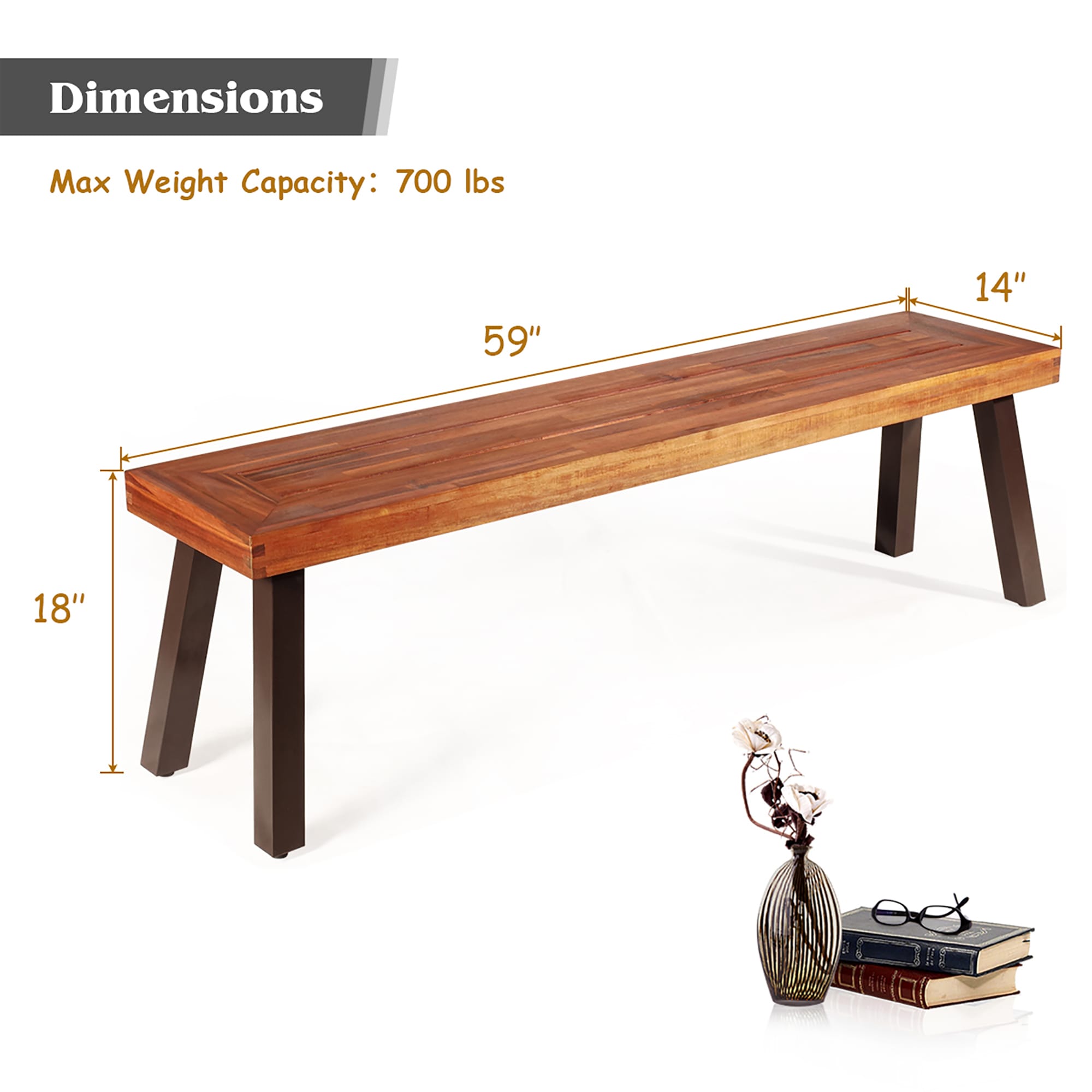 Rustic Acacia Wood and Black Steel 59" Outdoor Bench