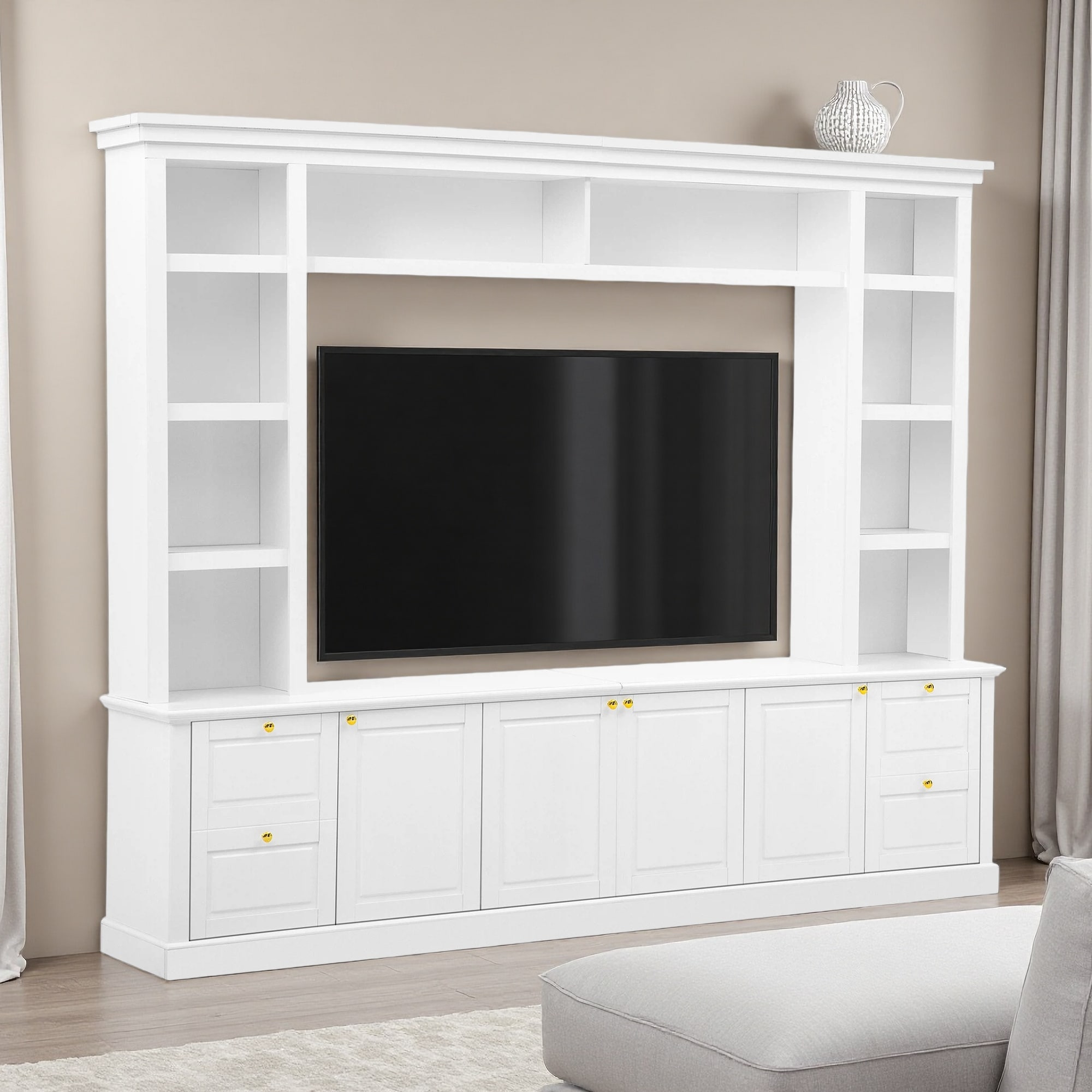 zwyo hosimu Entertainment Center Wall Unit for TVs up to 70-in with Adjustable Shelves Tempered Glass Doors Cable Management Bookshelves Anti-Tip Storage Cabinet