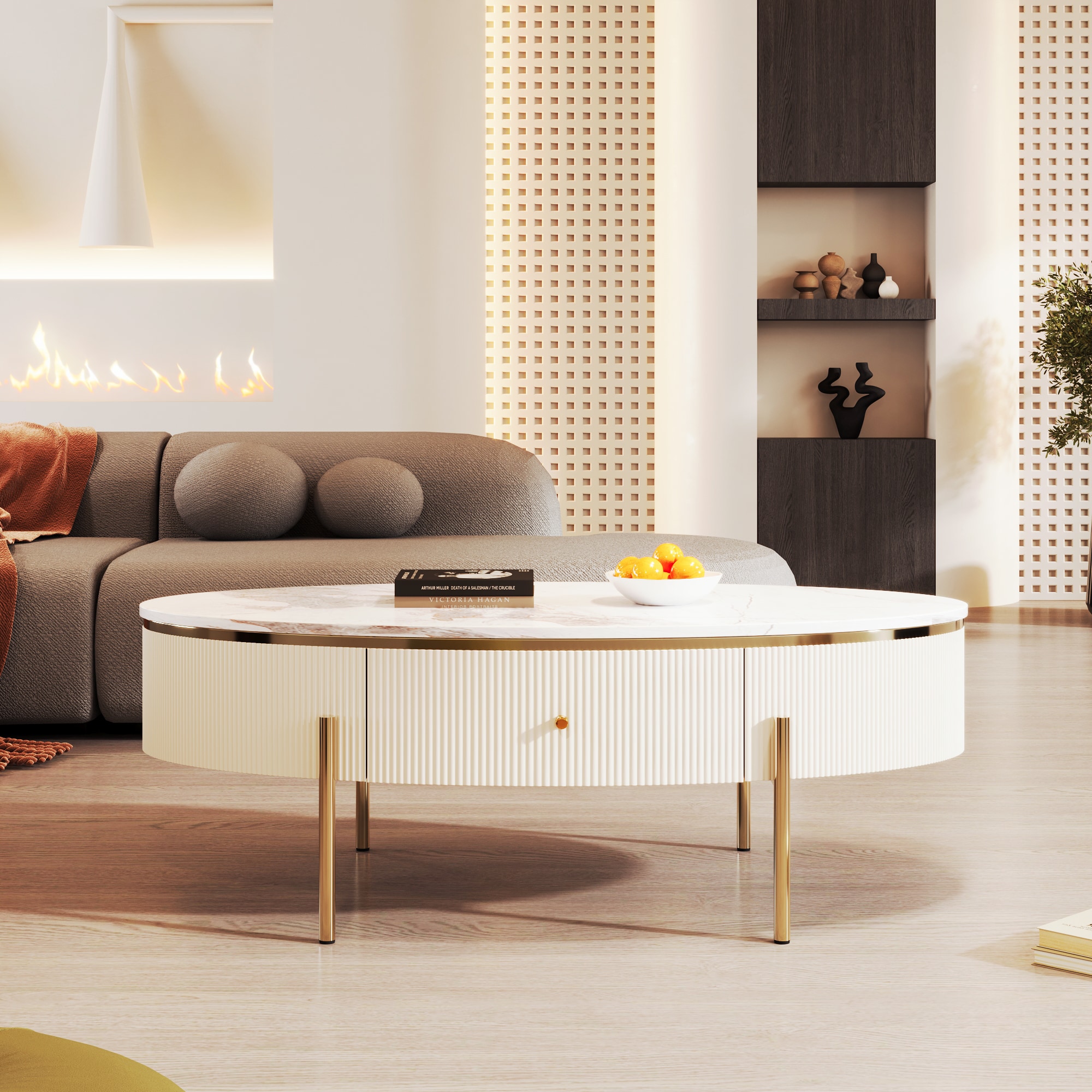 ModernLuxe L3P-WF321716AAK Modern Oval Coffee Table with 2 large Drawers Storage Accent Table