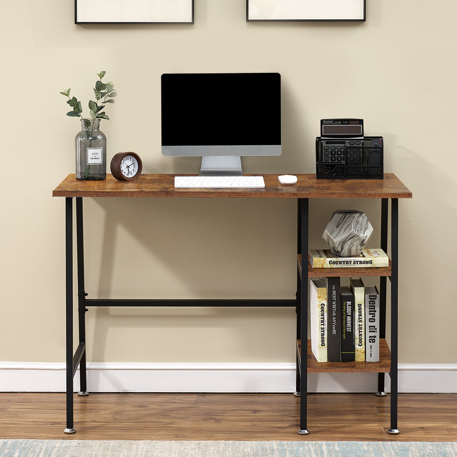Vecelo LOE-DC-CD01-FBN 43 Inch Computer Desk with Storage Shelves Home Office Writing Desk Study Table for Small Space