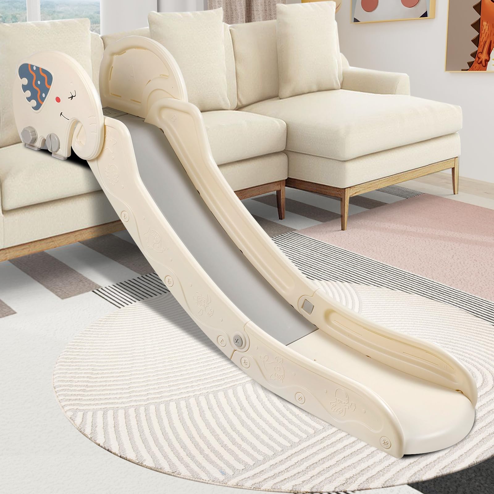 Afoxsos  Indoor Toddler Slide for Kids Ages One to Three Elephant Design Gentle Slope and Secure Guardrail Foldable and Space Saving Playset for