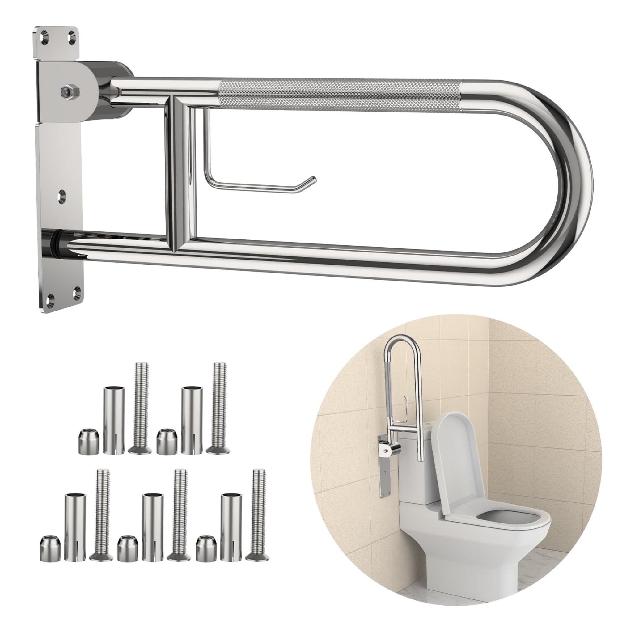 Numhew 22.4in L 1-Paper Holder Chrome Flip Up Toilet Grab Bar #NHBEN32167