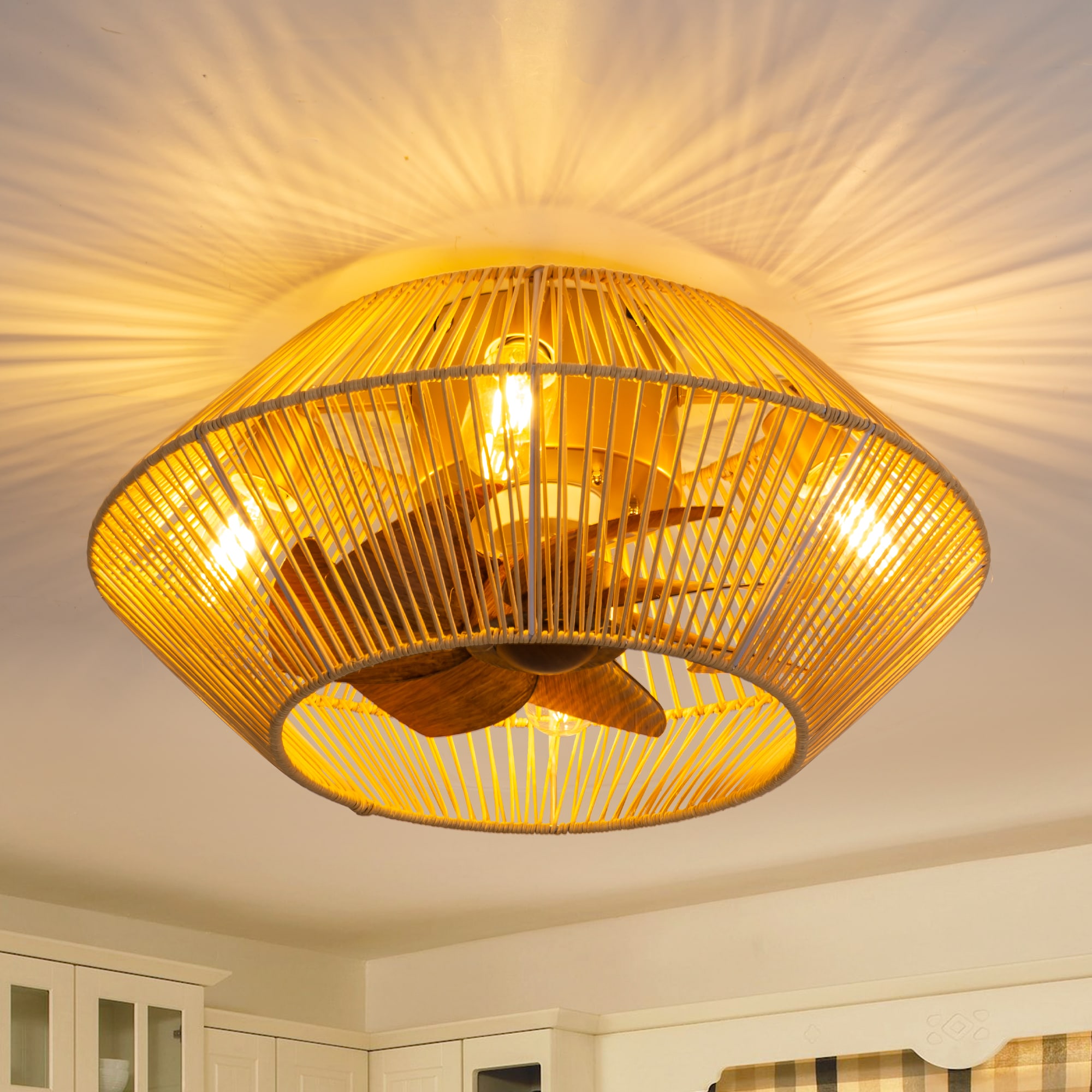 Breezary 33018-CH 19-in Flush Mount Gold with Wood-brown Blades Fandelier Ceiling Fan With Light - Remote Included ( 7 -Blade )