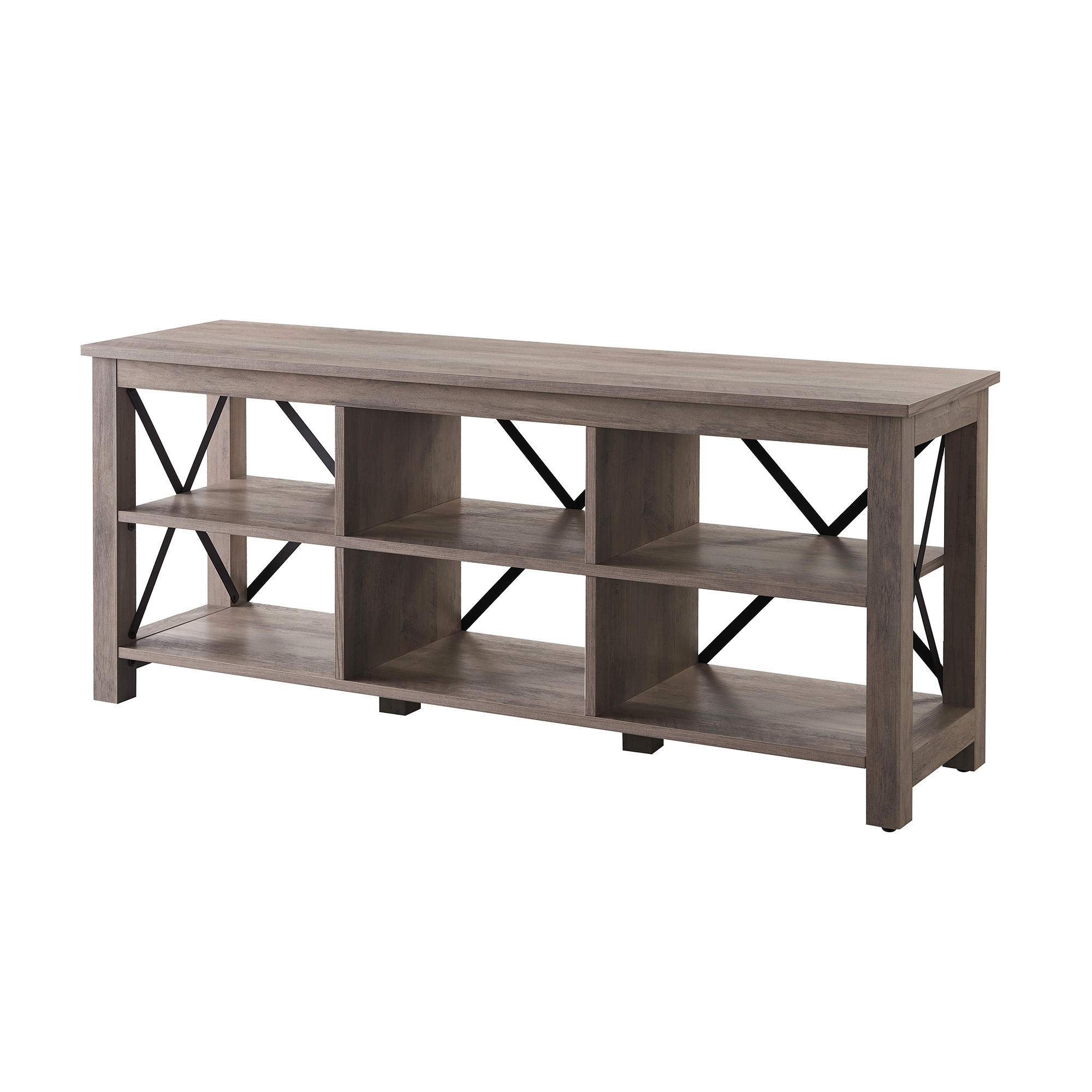 Sawyer Modern Farmhouse 58" TV Stand in Gray Oak with Black Metal Accents
