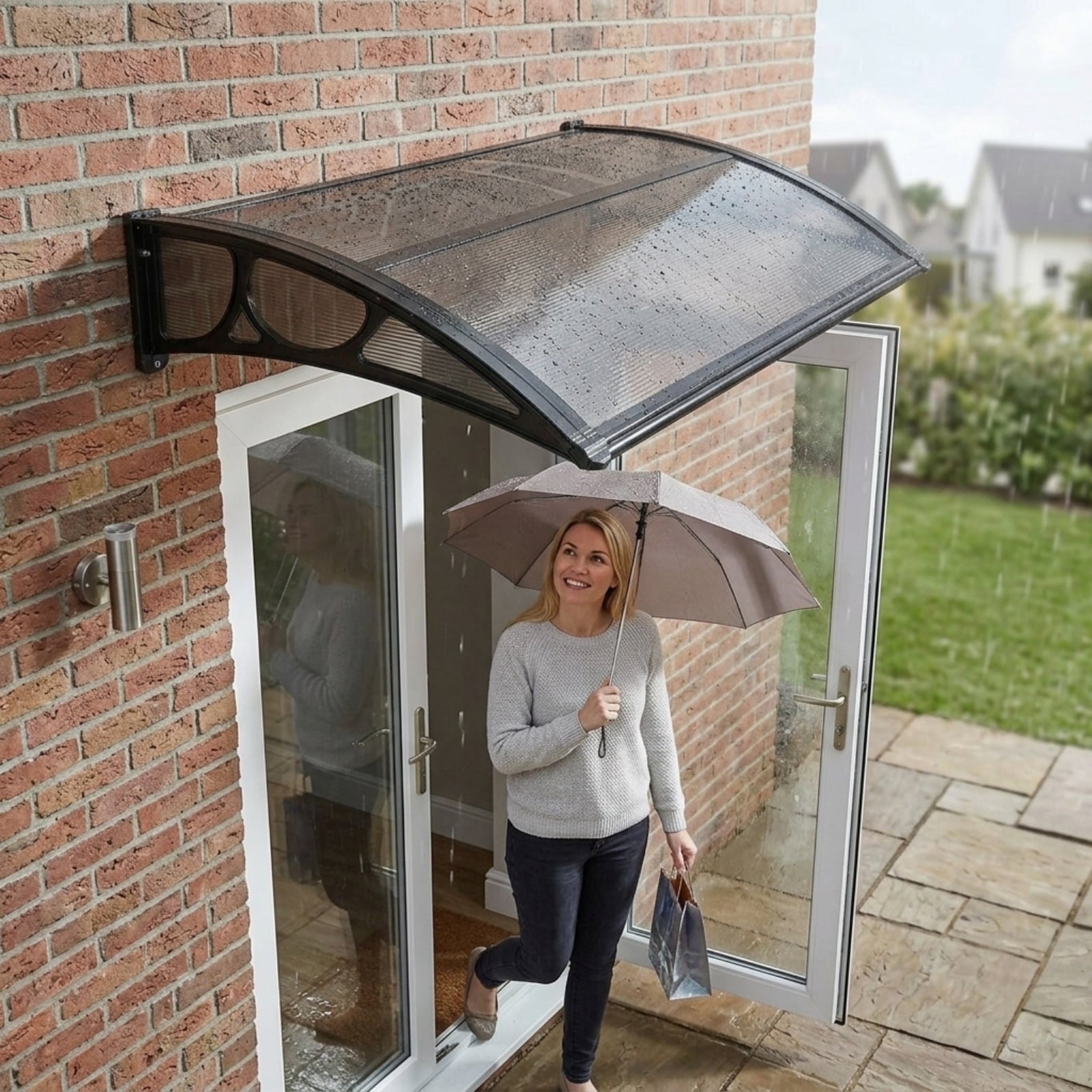 GIVIMO Door Awning 30 x 39-in Polycarbonate Door Canopy Exterior Window Awning with Drainage and ABS Bracket UPF 50 Rain Snow Sun Protection for Porch Gray