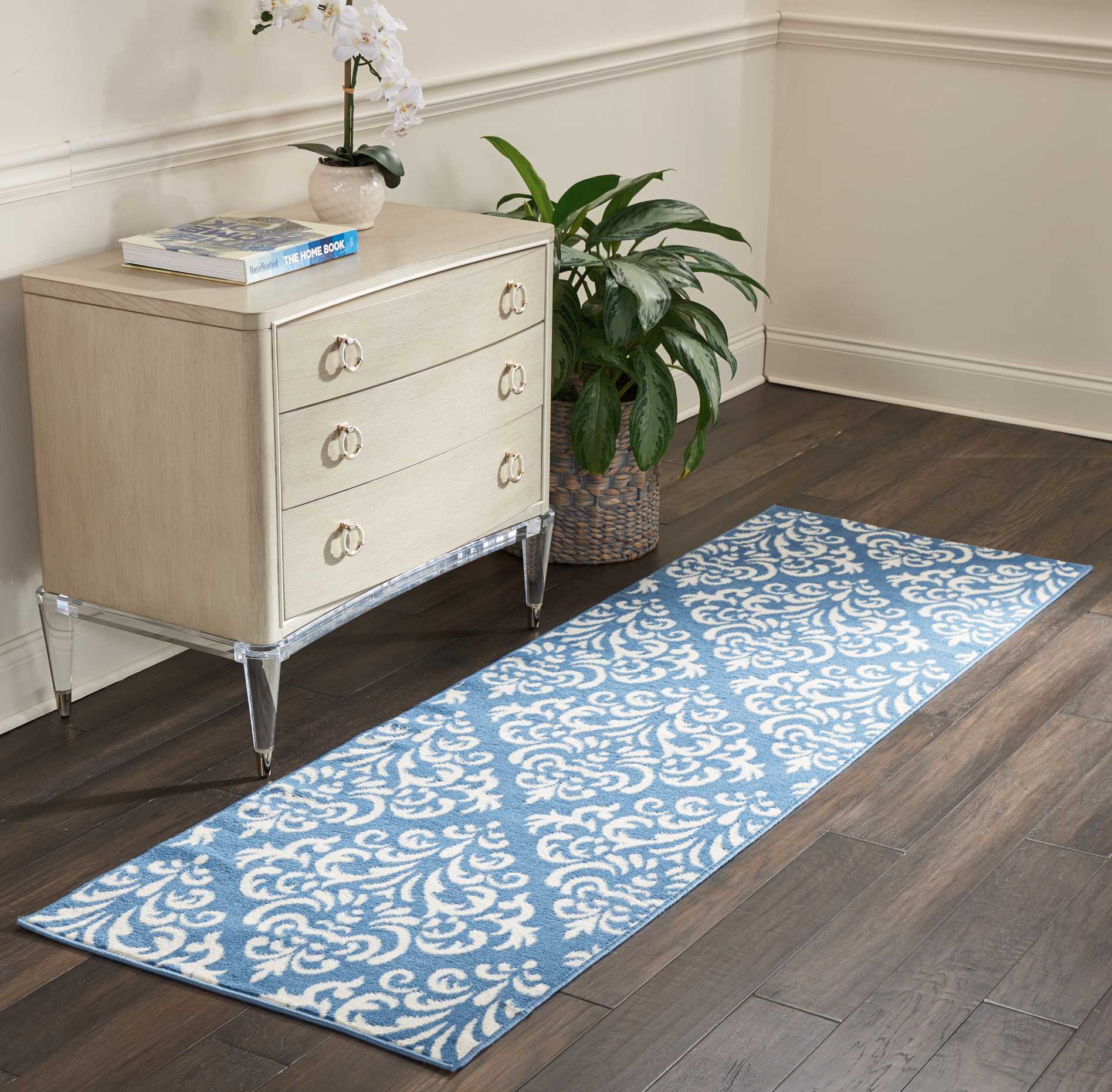 Nourison 99446411631 Grafix 2 x 8 (ft) Loomed Polypropylene Blue Irregular Indoor Damask Bohemian/Eclectic Area rug