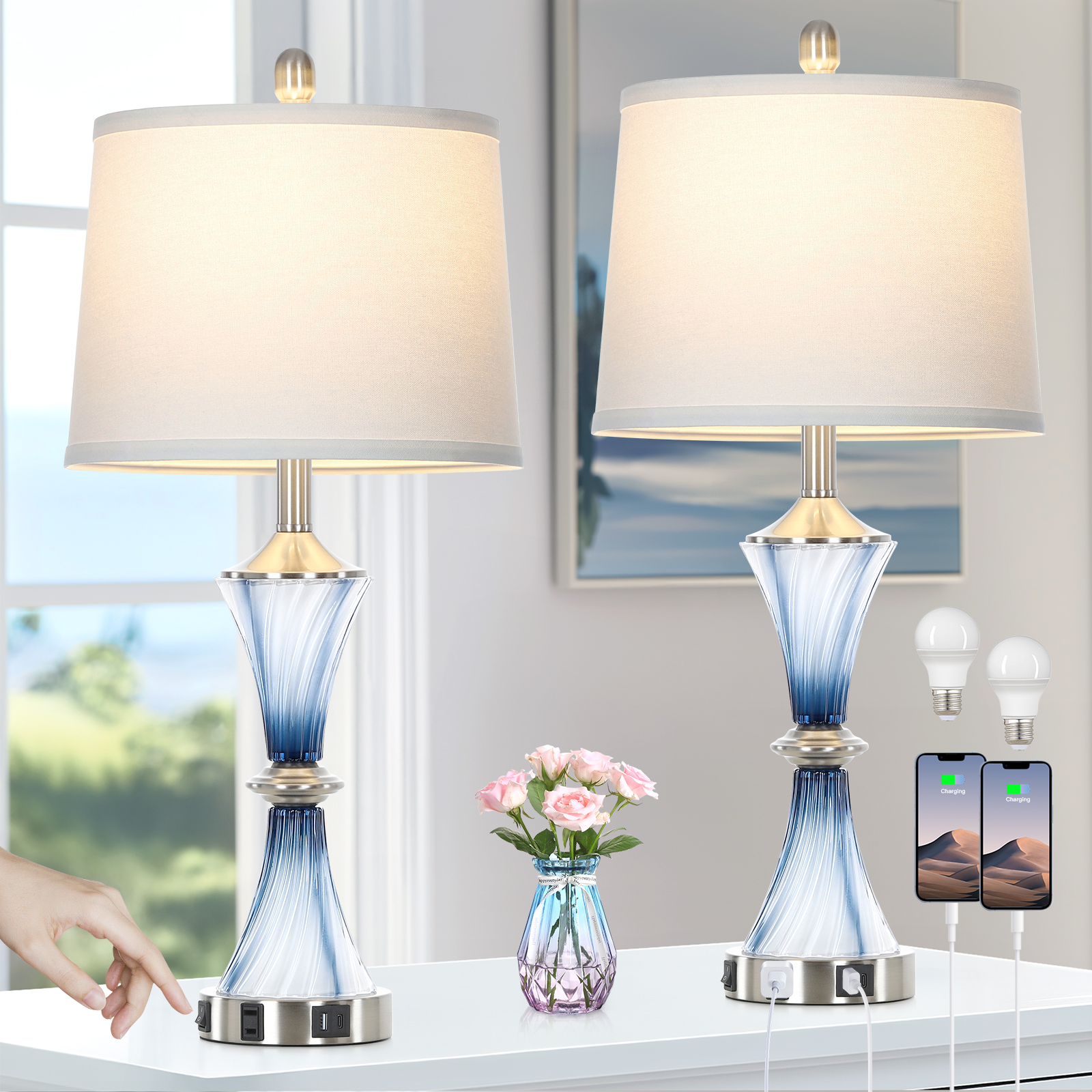 UrFurnishings TD-392 Modern 27-in Blue LED Incandescent On/Off switch Table Lamp with Linen Shade