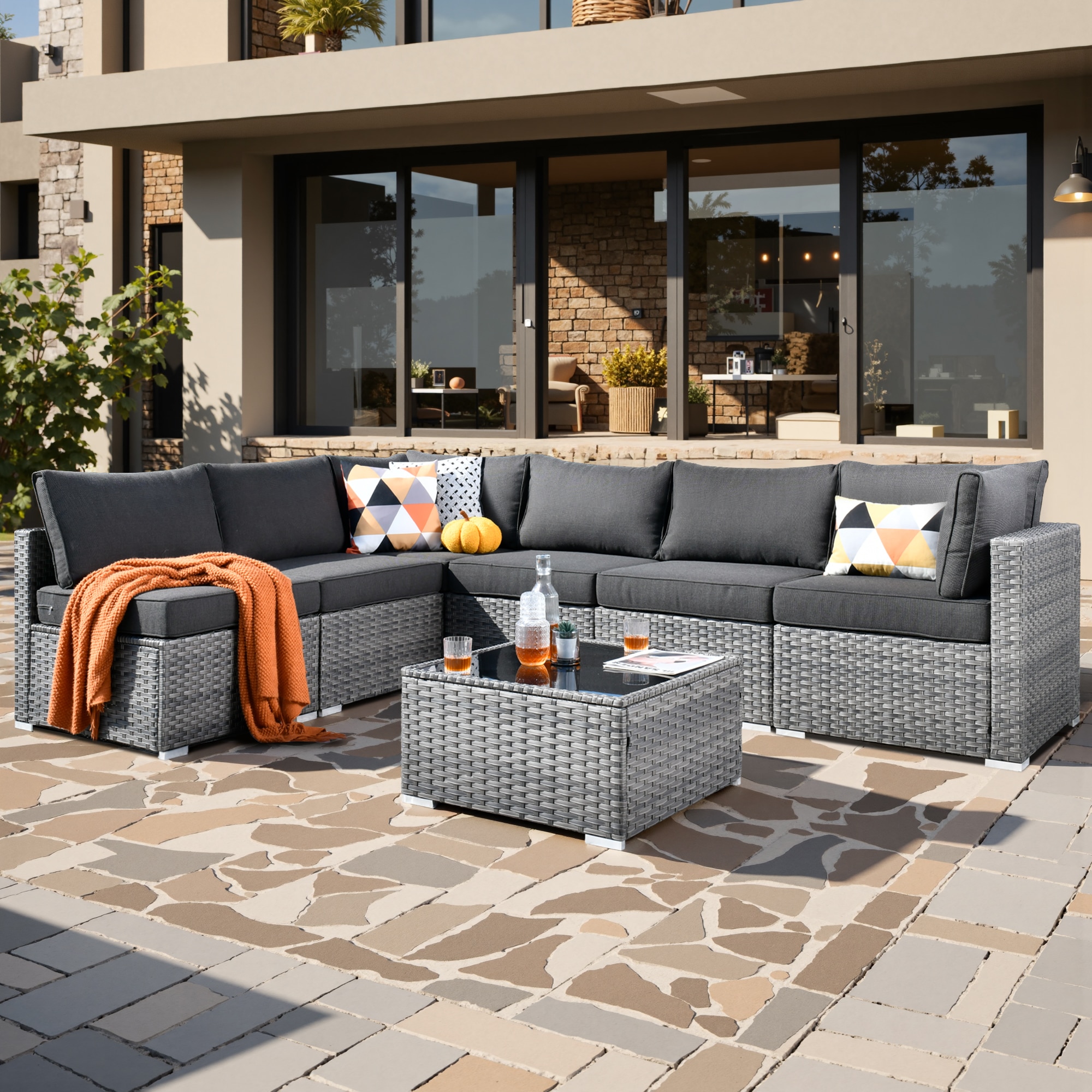 weaxty HMBHOP100 Kuuga Outdoor Sectional with Black Cushions and Steel Frame