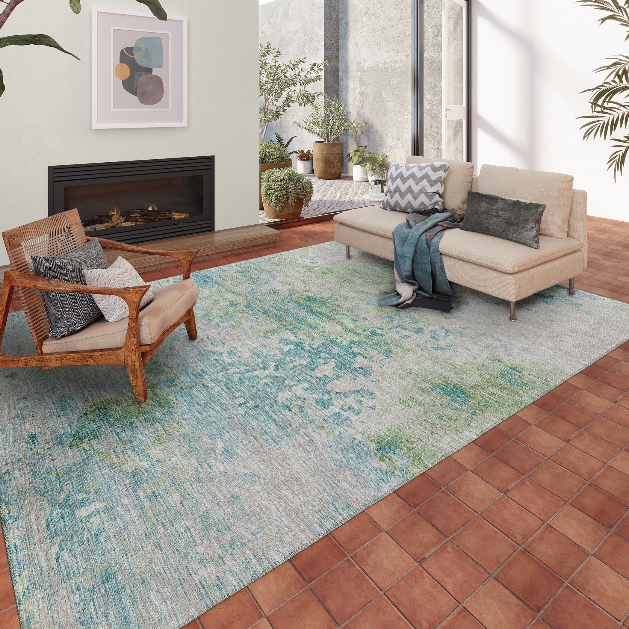 Green and Teal Abstract Chenille 5' x 7' Area Rug