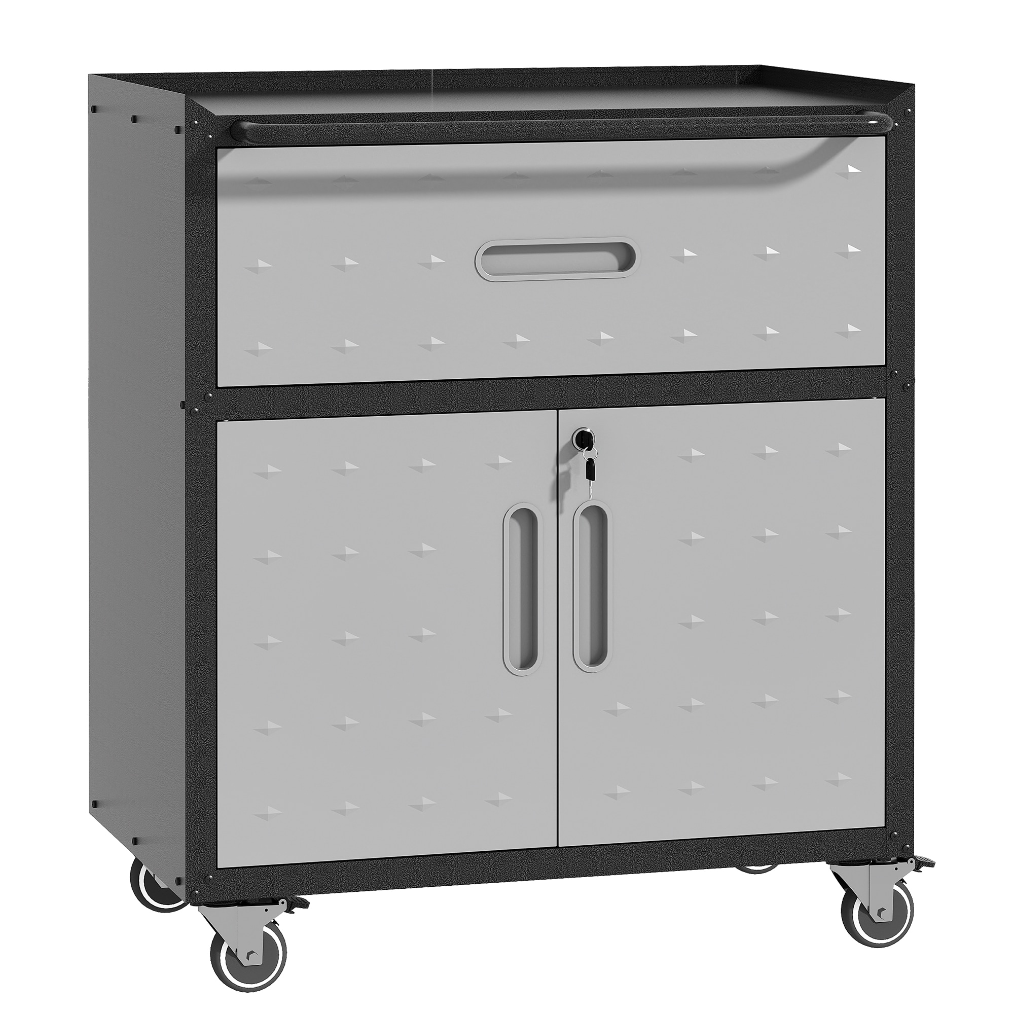 LOVMOR SF-R-T2398P222833 Sturdy and Durable Metal Tool Cabinet for Garage with Wheels - Mobile Heavy-Duty Storage Cabinet with 1 Drawer and 2 Locking Doors Rolling Tool Storage Cabinet Black and Gray