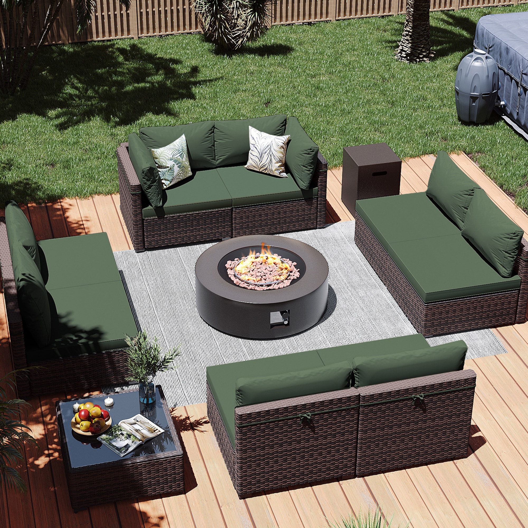 Patio Watcher LS-RT9-KD42BR-B4 10 -Piece Rattan Patio Conversation Set with Green Cushions