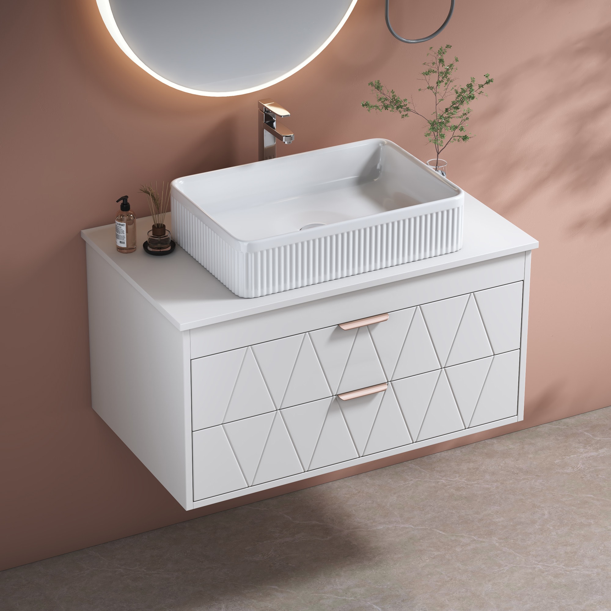 LOVMOR 31.5 inch Contemporary Floating Bathroom Vanity with Ceramic Vessel Sink and Storage Cabinet-Perfect for Small Bathrooms