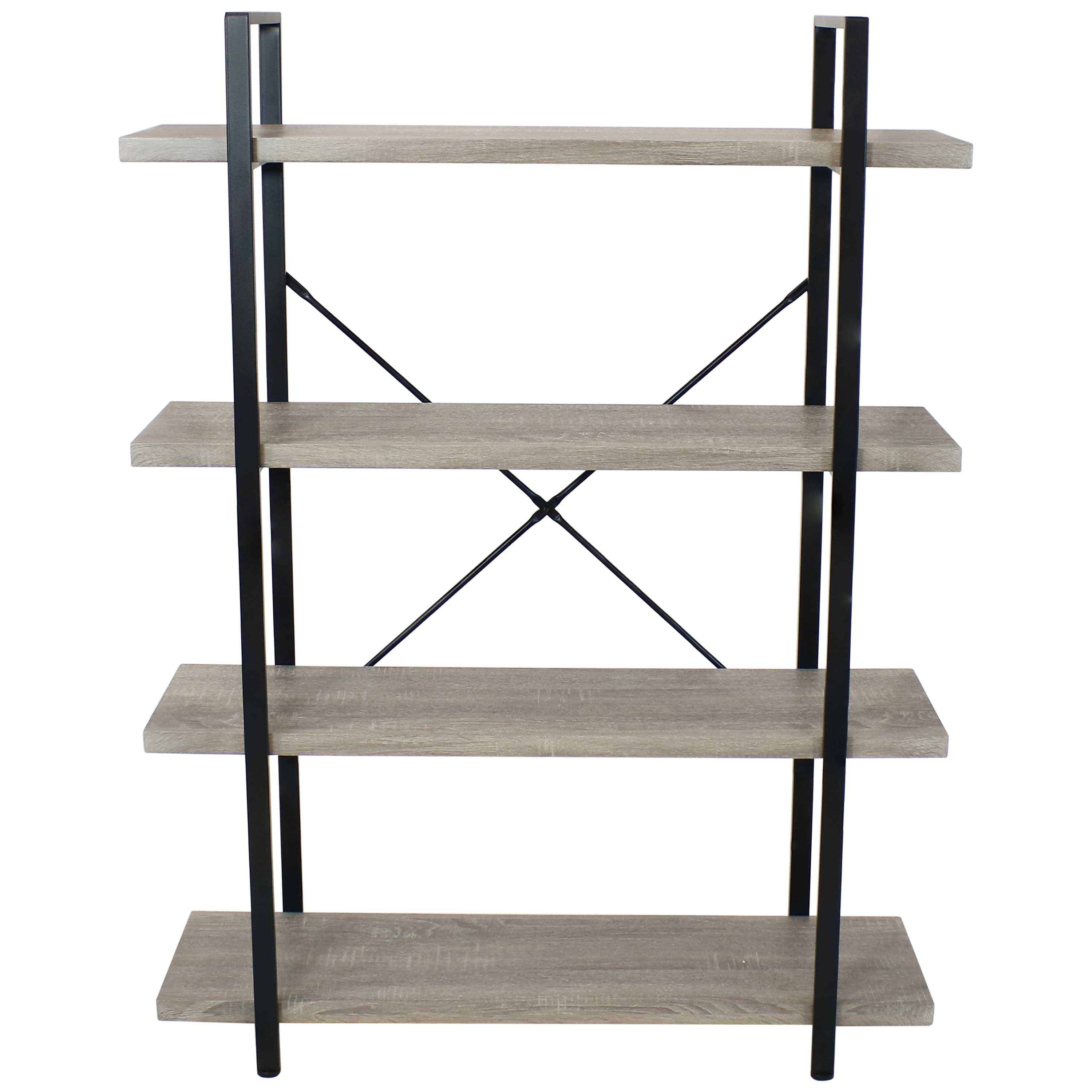 Oak Gray 4-Tier Adjustable Industrial Bookshelf with Steel Frame
