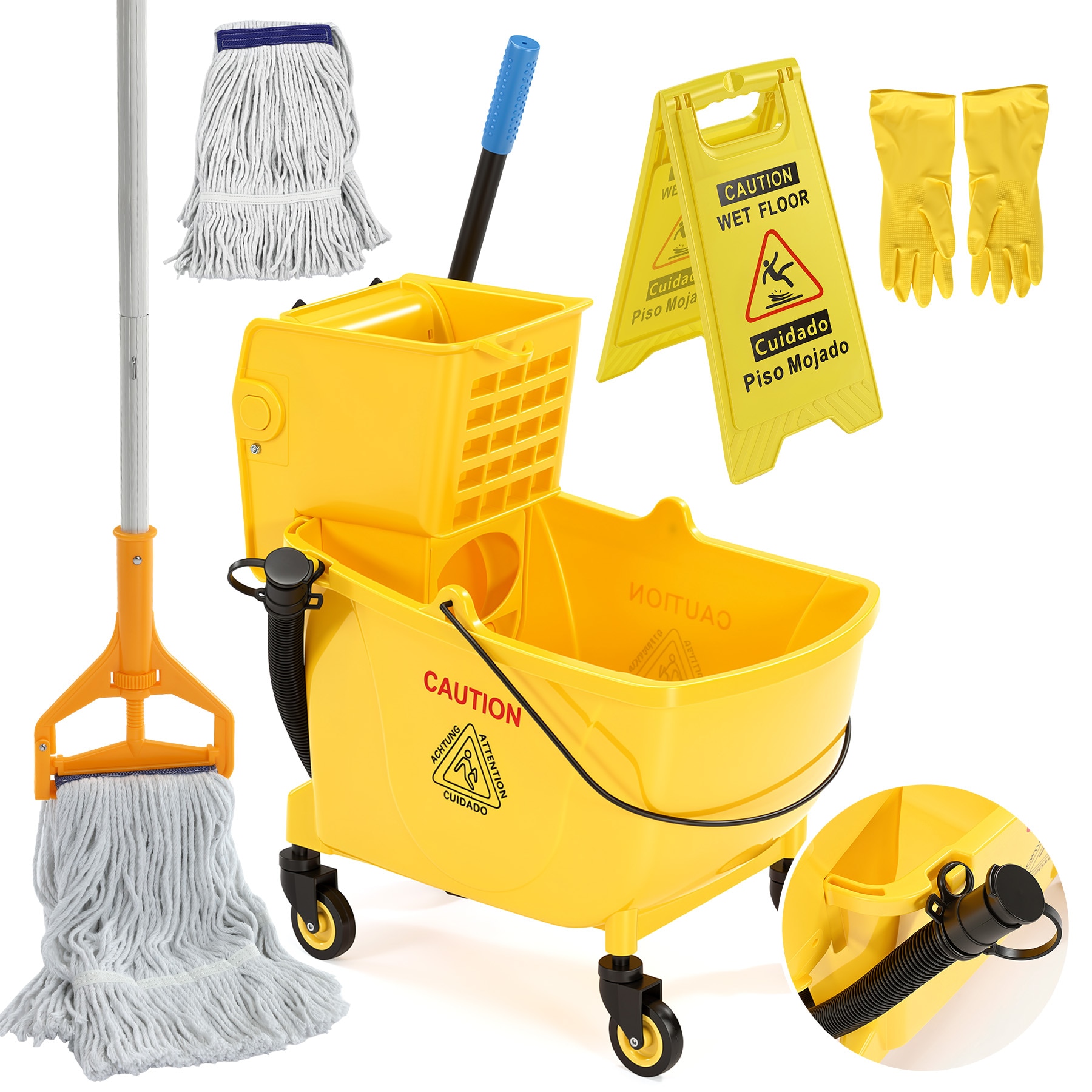 Tribesigns 38 Qt Commercial Mop Bucket with Side Press Wringer on Wheels Including Wet Floor Caution Sign 1 Heavy Duty Industrial Mop 1 Mop Head Replacement and a Pair of Gloves