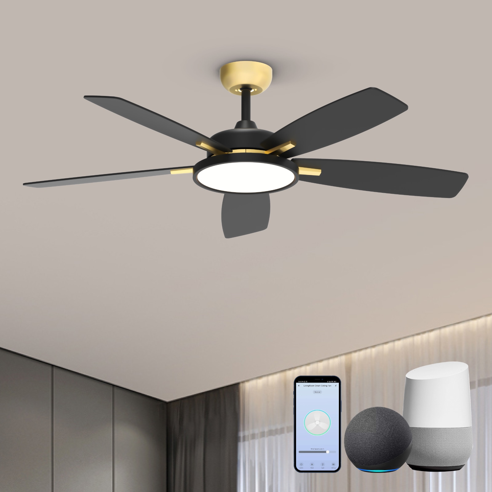 TALOYA RV52-BG-5D-T5 Oasis 52-in Integrated LED Smart Matt Gold with Matt bLack Blades Ceiling Fan With Light and Remote ( 5 -Blade )