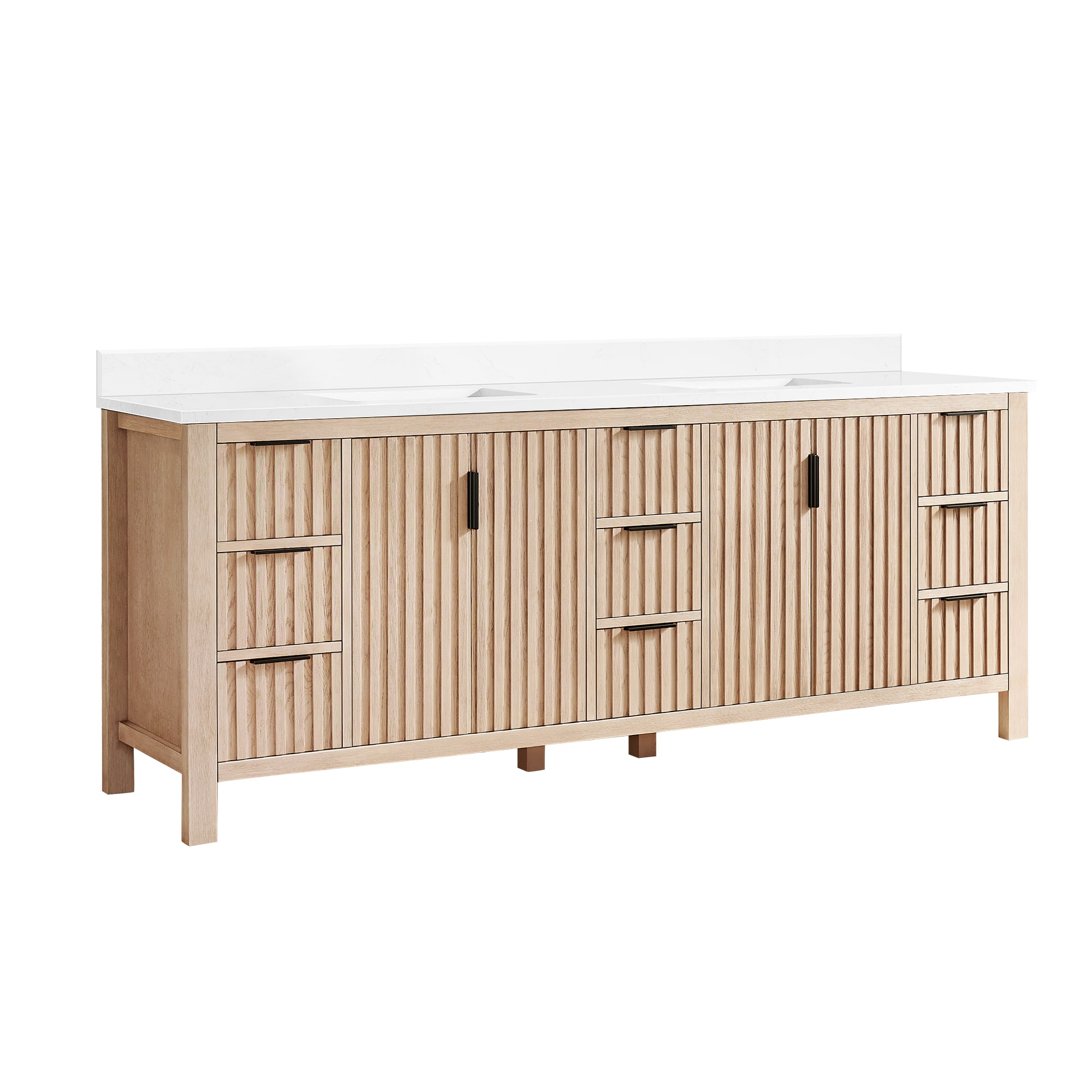 Vinnova 84-in Aged Natural Oak Finish Undermount Double Sink Bathroom Vanity with White Grain Engineered Stone Top (Fully Assembled)