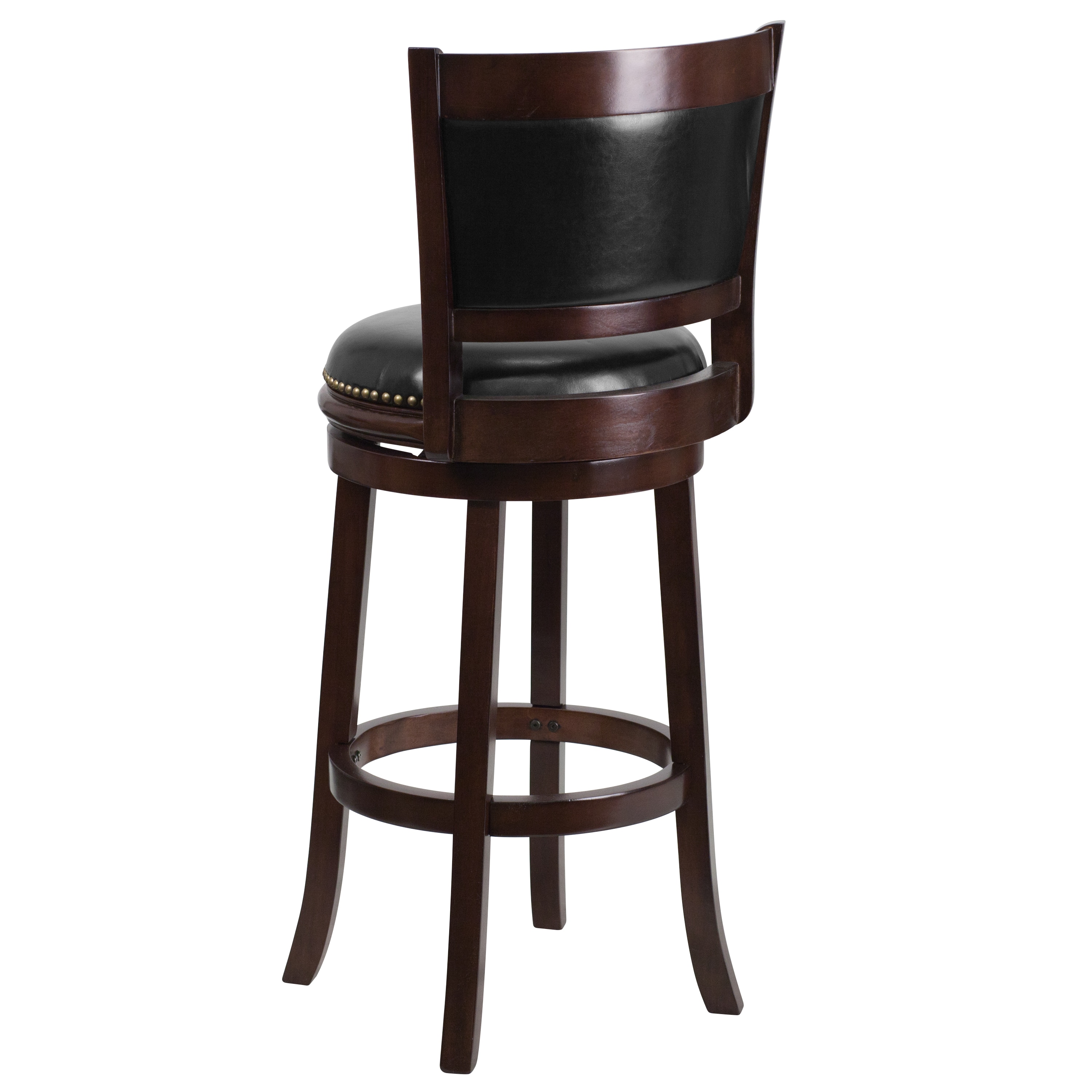 Elegant 43'' Black Leather and Cappuccino Wood Swivel Barstool