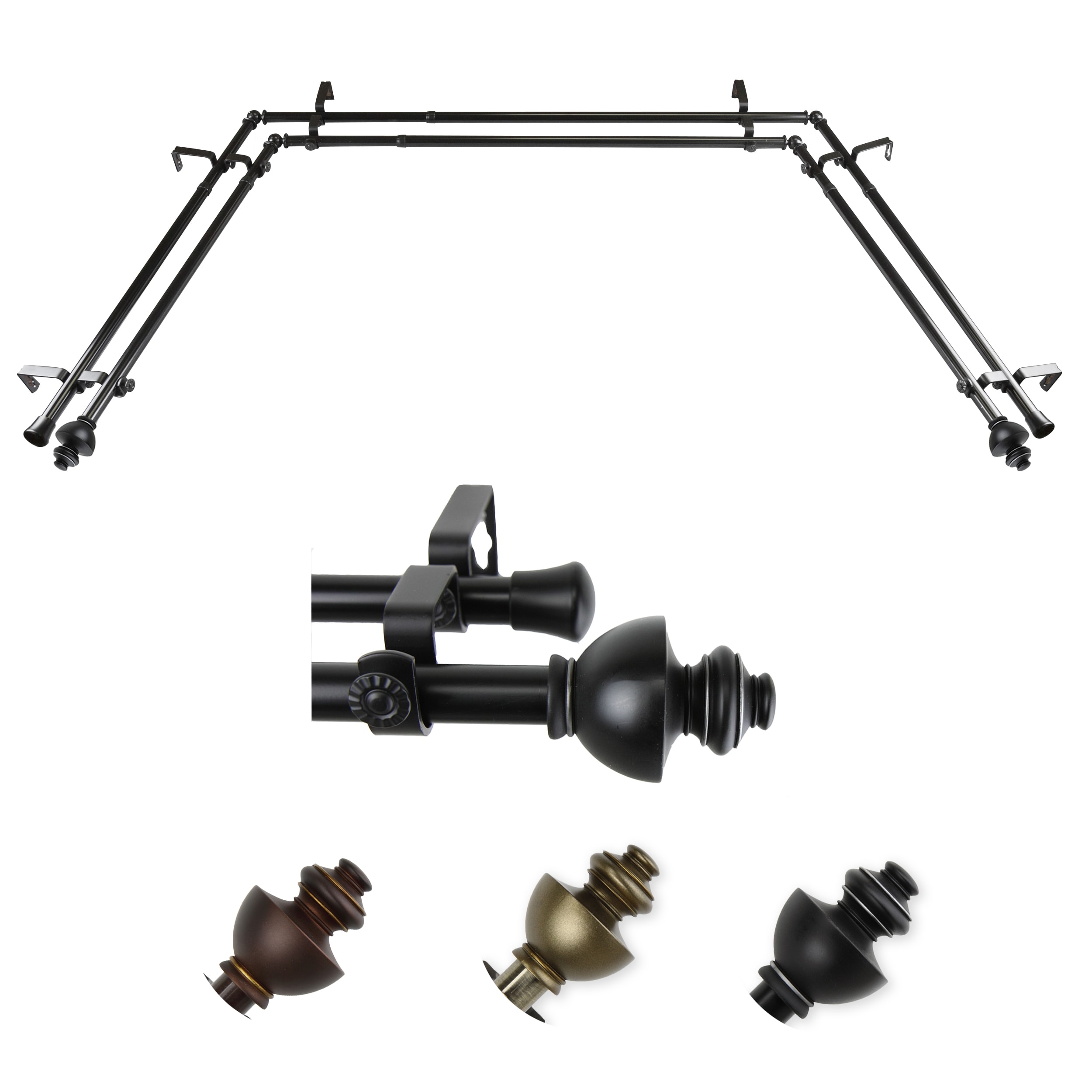 Hart & Harlow LO-ABAY-04-2D 72-in to 144-in Black Steel Bay window curtain rod with Finials