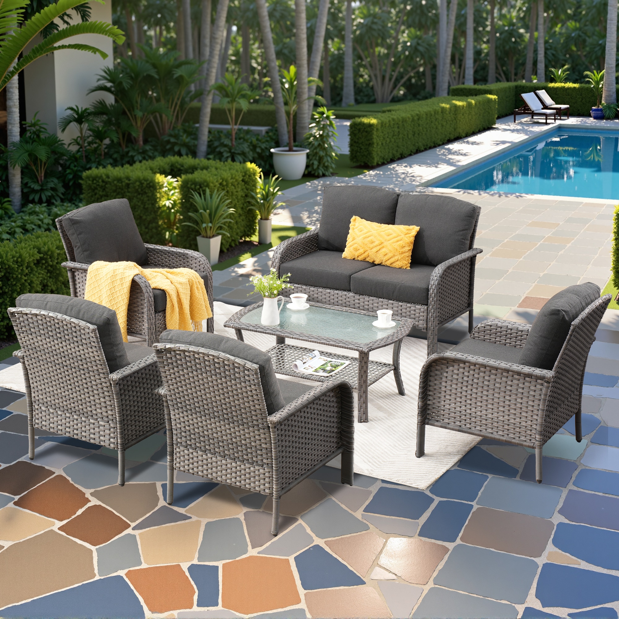 weaxty HMBYM307BRS103 Initial 6 -Piece Wicker Patio Conversation Set with Black Cushions