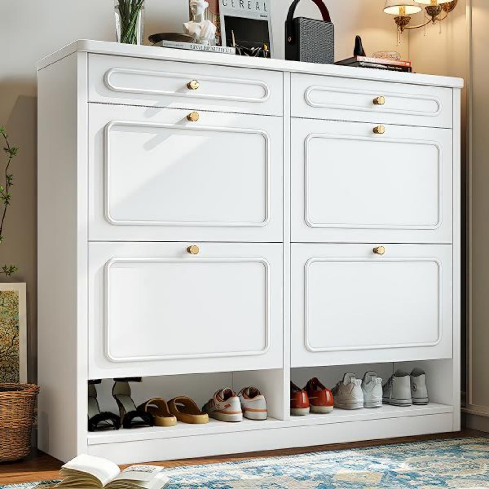 GlasFlength  Wooden Shoe Cabinet with Flip Drawer Storage Upper Organizer and Farmhouse Entryway Space Saving Design for Hallway Living Room Bedroom Light White