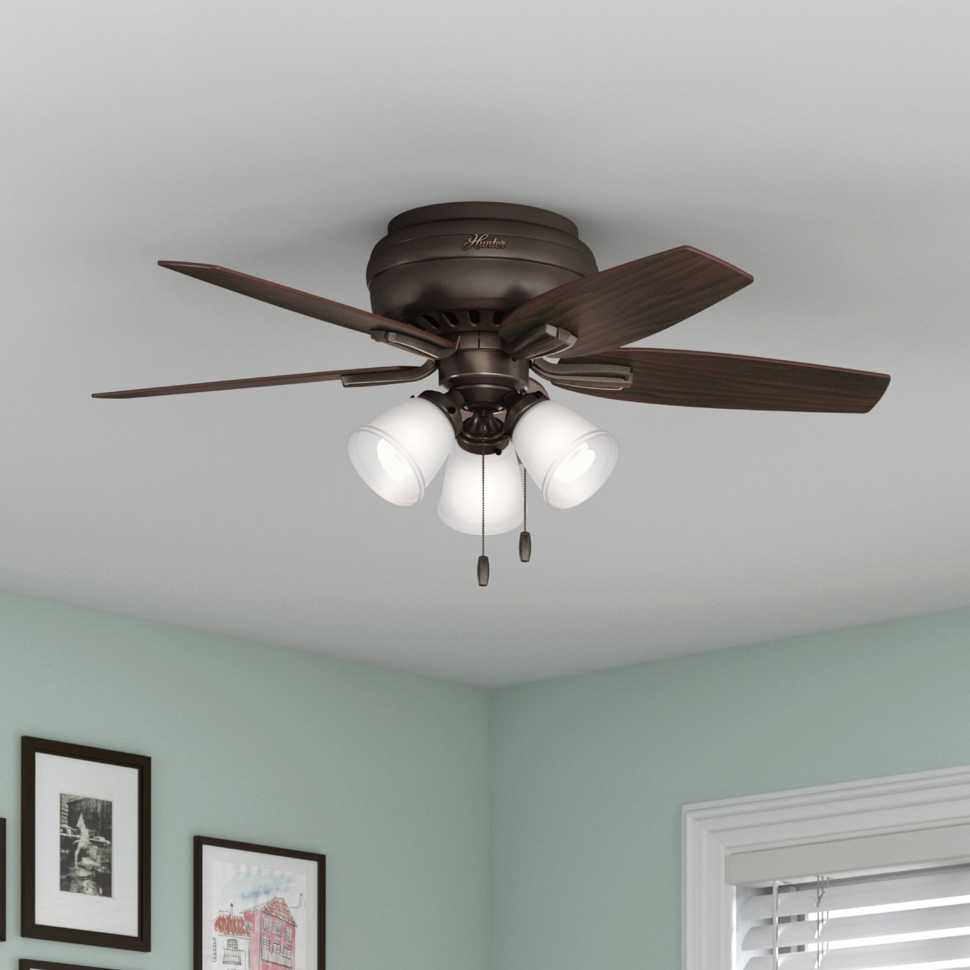 Hunter Newsome 42-in Premier Bronze LED Indoor Flush Mount Ceiling Fan ...