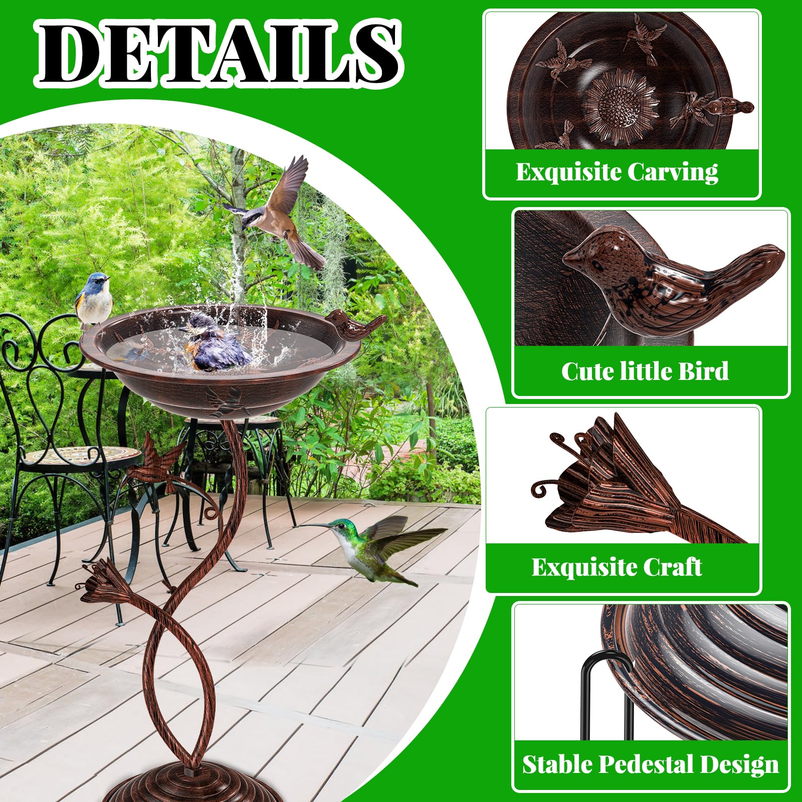 CYIKE Vintage Metal Bird Bath with Roman Pedestal and Hummingbird ...