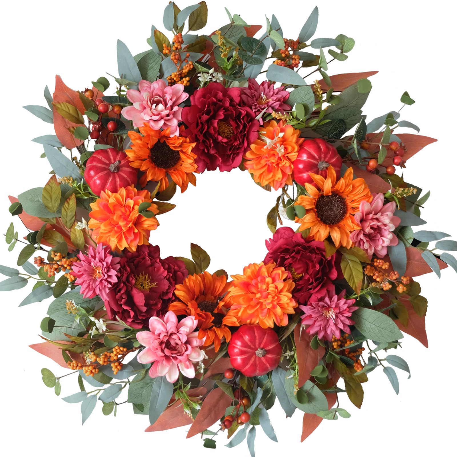 AKSCYZM  24 Inch Fall Sunflower Peony Pumpkin Wreath for Front Door Seasonal Autumn Decoration durable home and garden accessory designed for