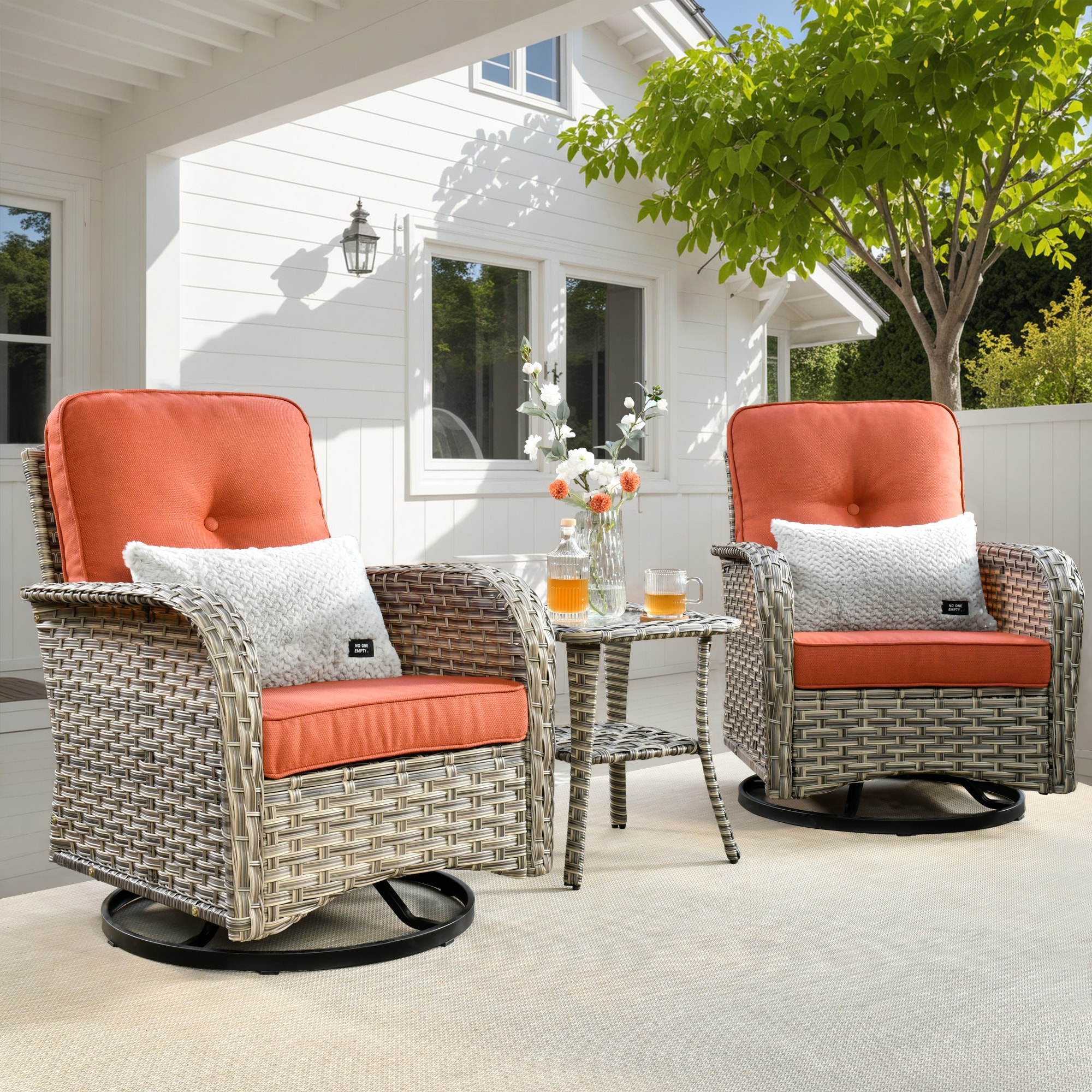 Ovios VNC-80CY 3 -Piece Wicker Patio Conversation Set with Orange Cushions
