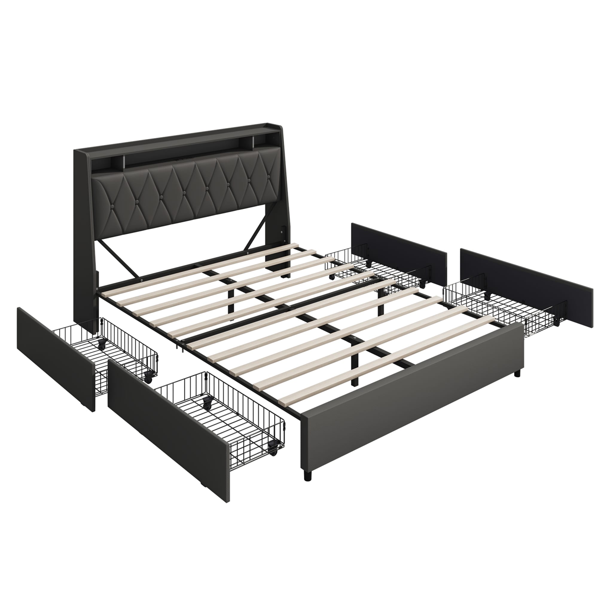 SINOFURN SYD580006DG Black Faux Leather Queen Wood and metal Bed frame Bed with Storage