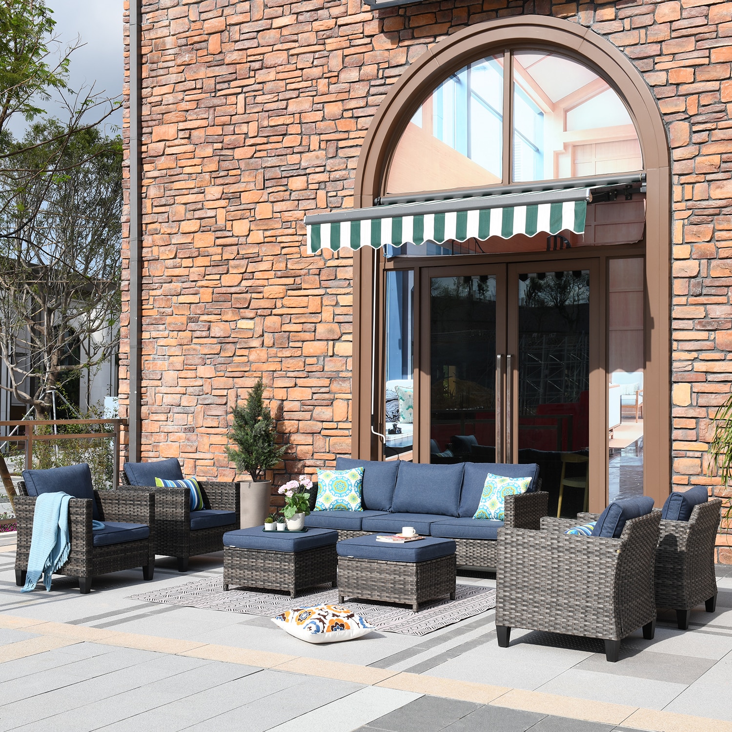 XIZZI XIGRS3073 Gaea 7 -Piece Rattan Patio Sofa Conversation Set with Blue Cushions
