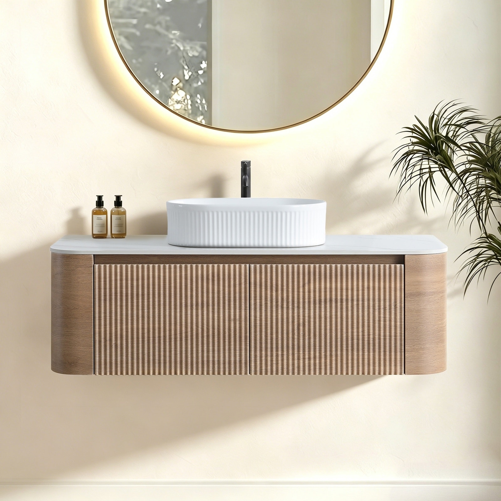LIVACA - 48 inch Honey Oak Bathroom Vanity with Sink Curved Fluted Ceramic Basin with Free Towel ...