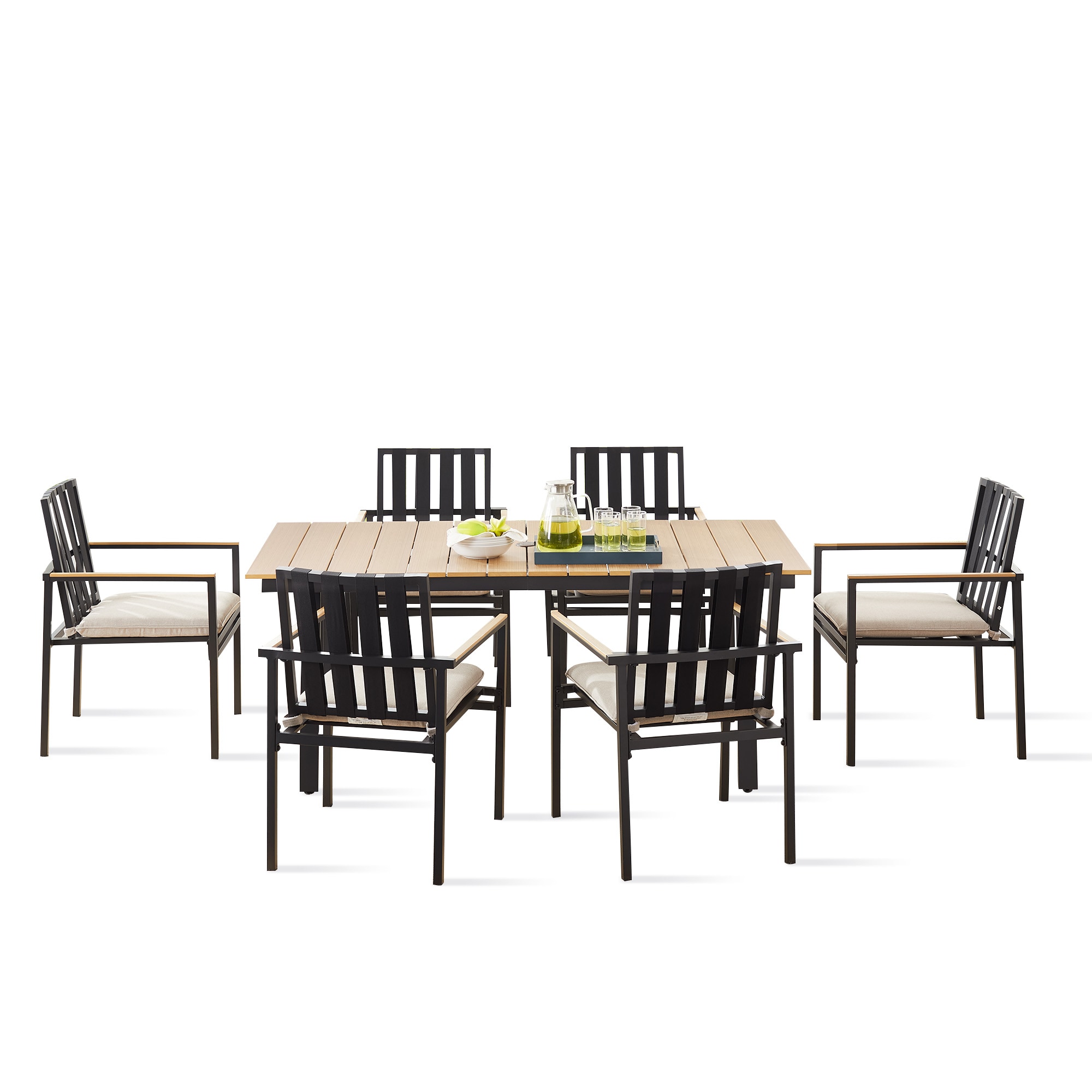 PEAK HOME FURNISHINGS 720016-970424 Dining Set 7 -Piece Black Patio Dining Set Aluminum Rectangle Table with 6 Beige Cushions Stackable Stationary Chairs